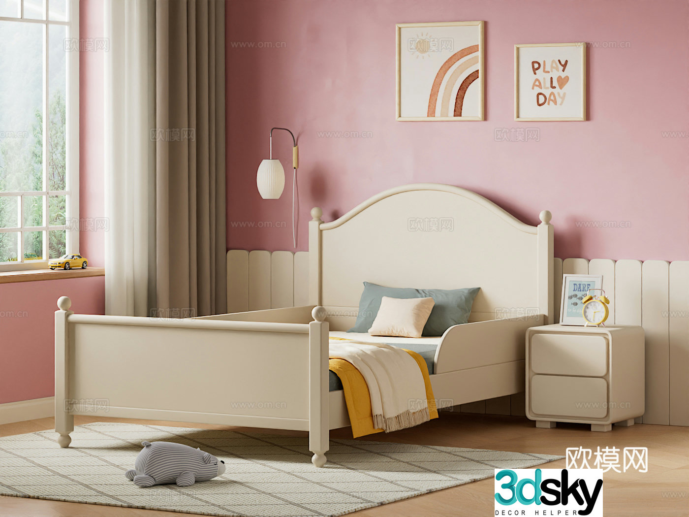 Simple modern children’s bed cream style children’s bed white solid wood single bed bed nightstand children’s 3D model