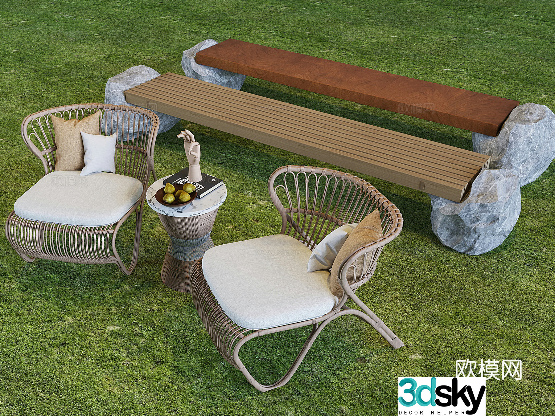 Outdoor solid wood bench stone pier rattan casual tea table and chair 3D model