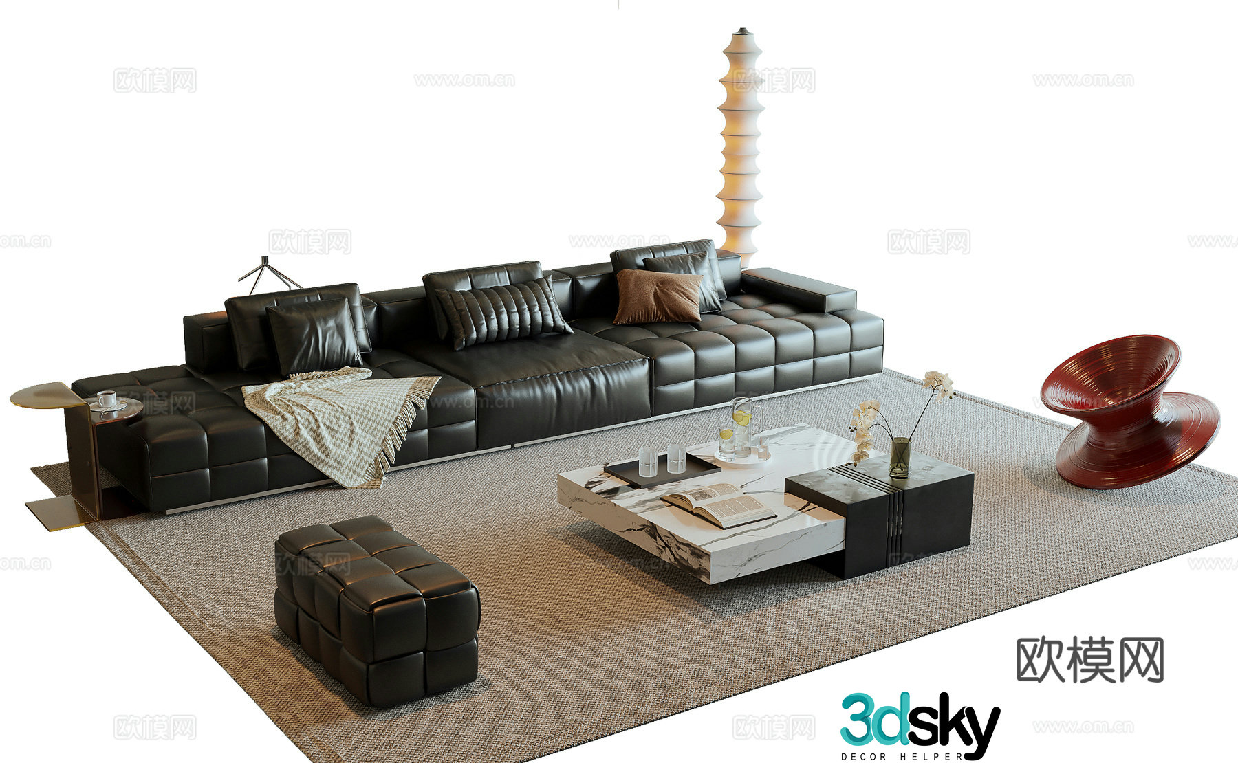 Modern Italian sofa coffee table combination Lawrence sofa leather three-person sofa marble coffee table 3D model