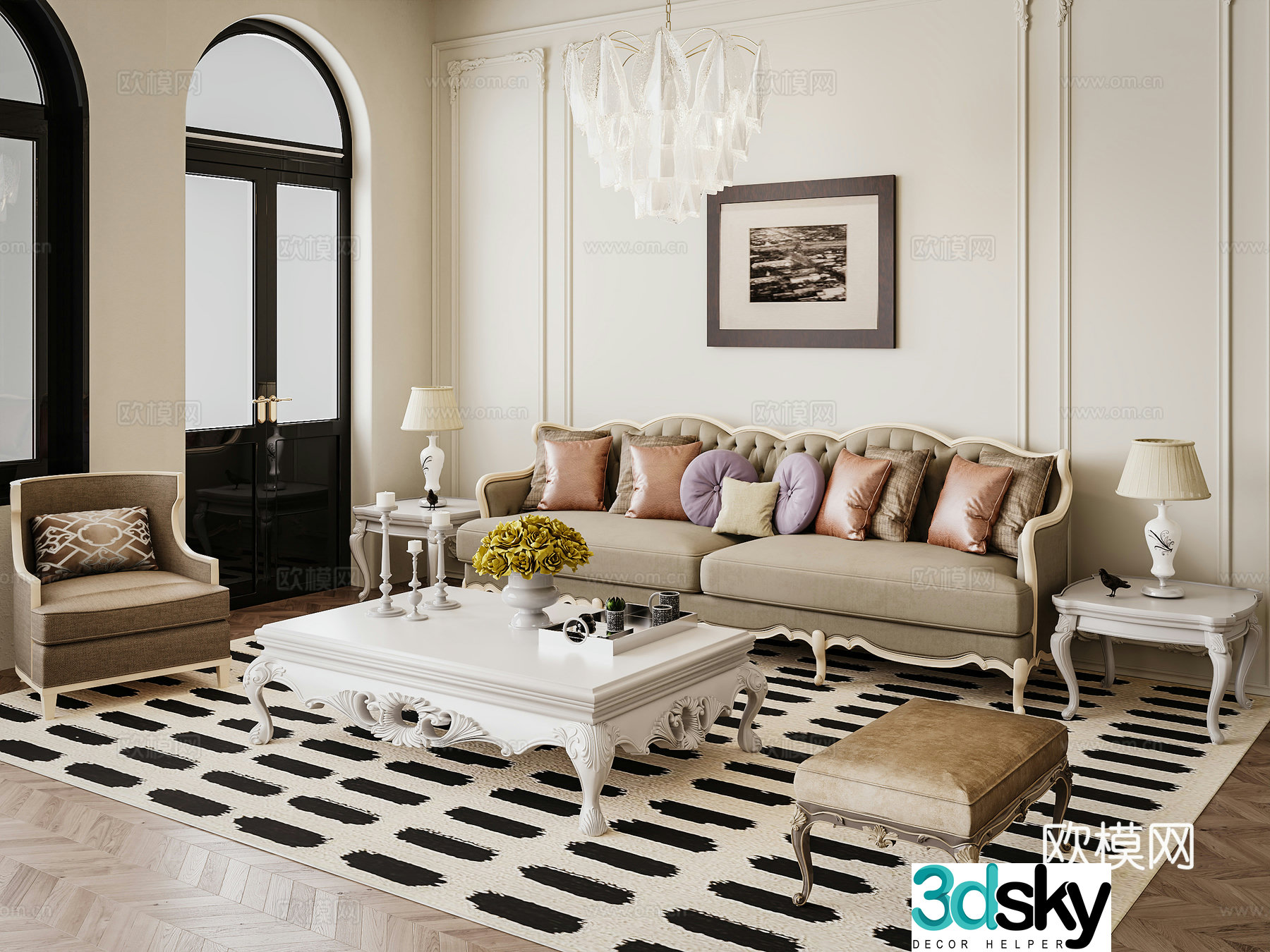 European living room French living room European sofa combination Single chair Coffee table Chandelier 3D model