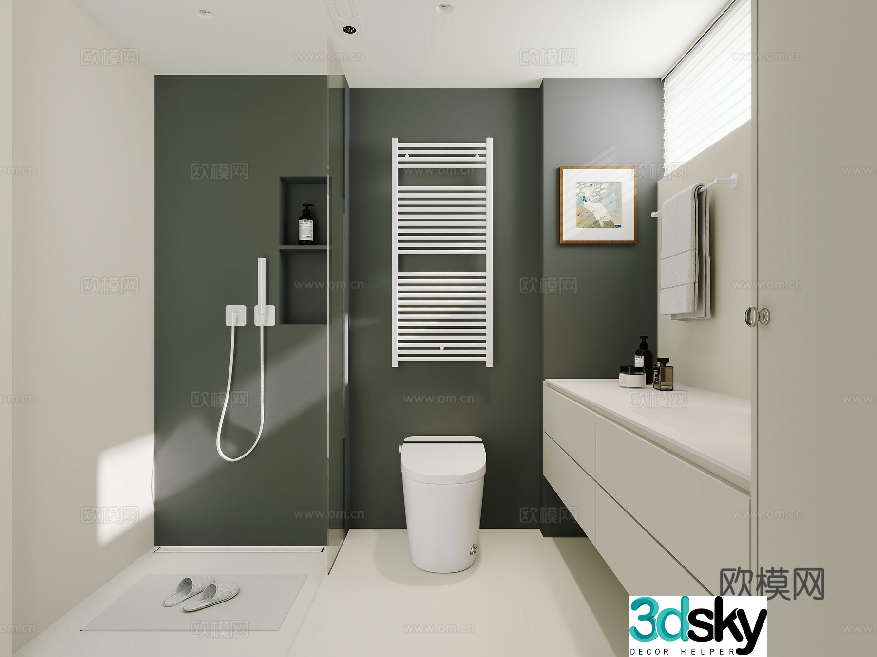 Cream Minimalist Bathroom Wet and Dry Partition 3D Model