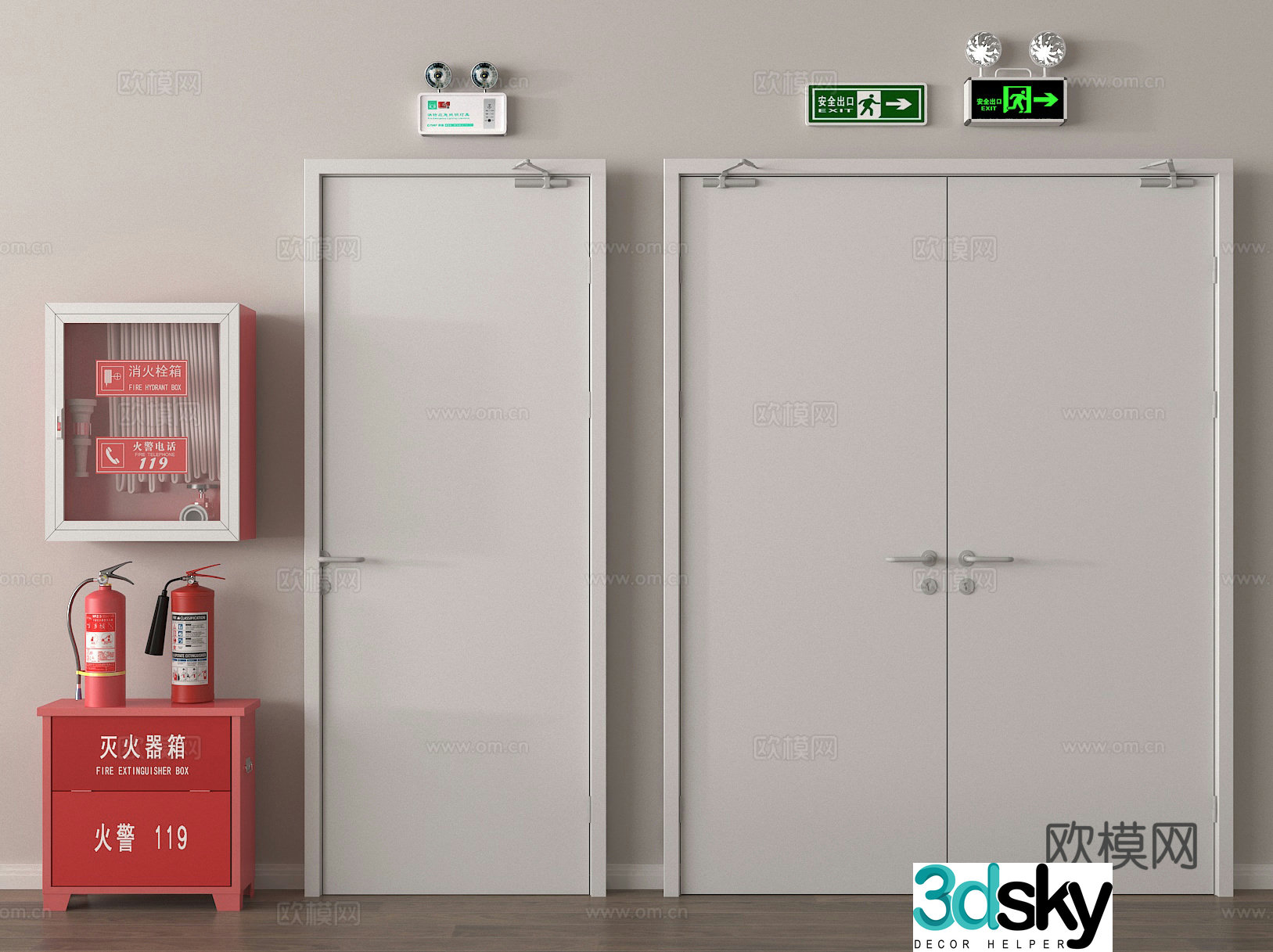 Fire door Fire door Safety door Emergency lighting Fire extinguisher Fire hydrant 3D model