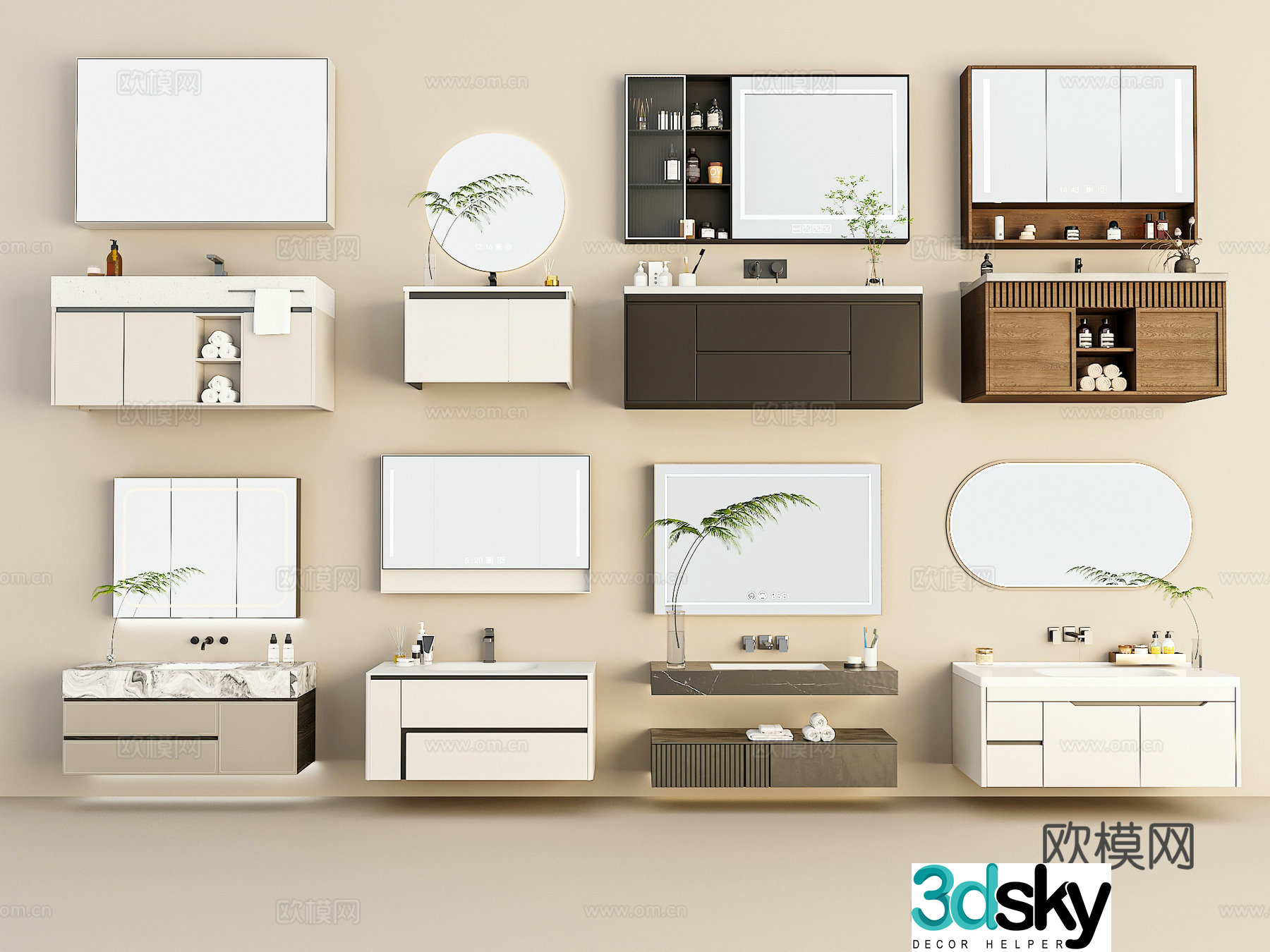Bathroom cabinet combination Bathroom supplies ornaments Wash basin Green plants Faucet Mirror cabinet 3D model