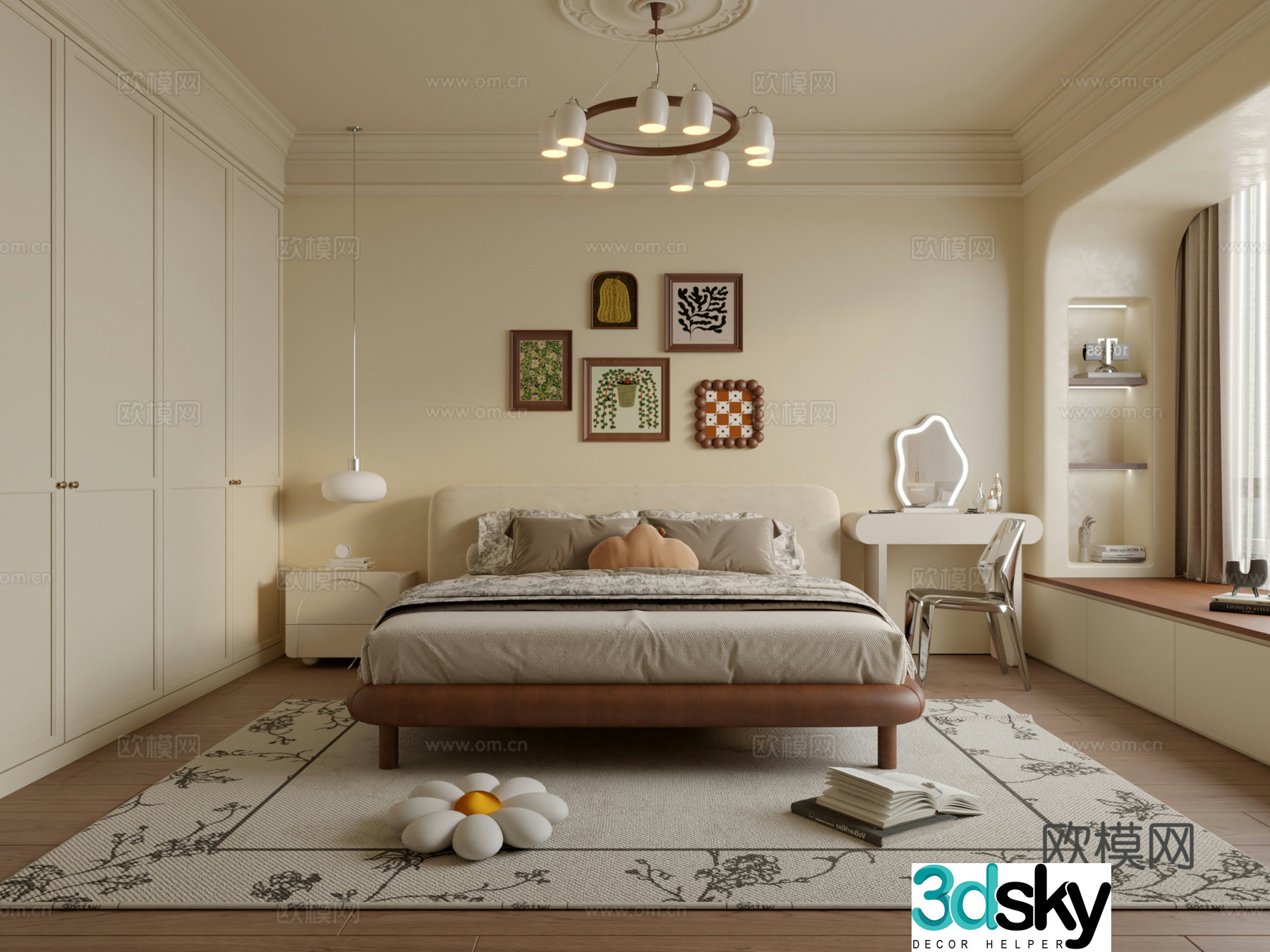 Creamy style retro bedroom 3d model