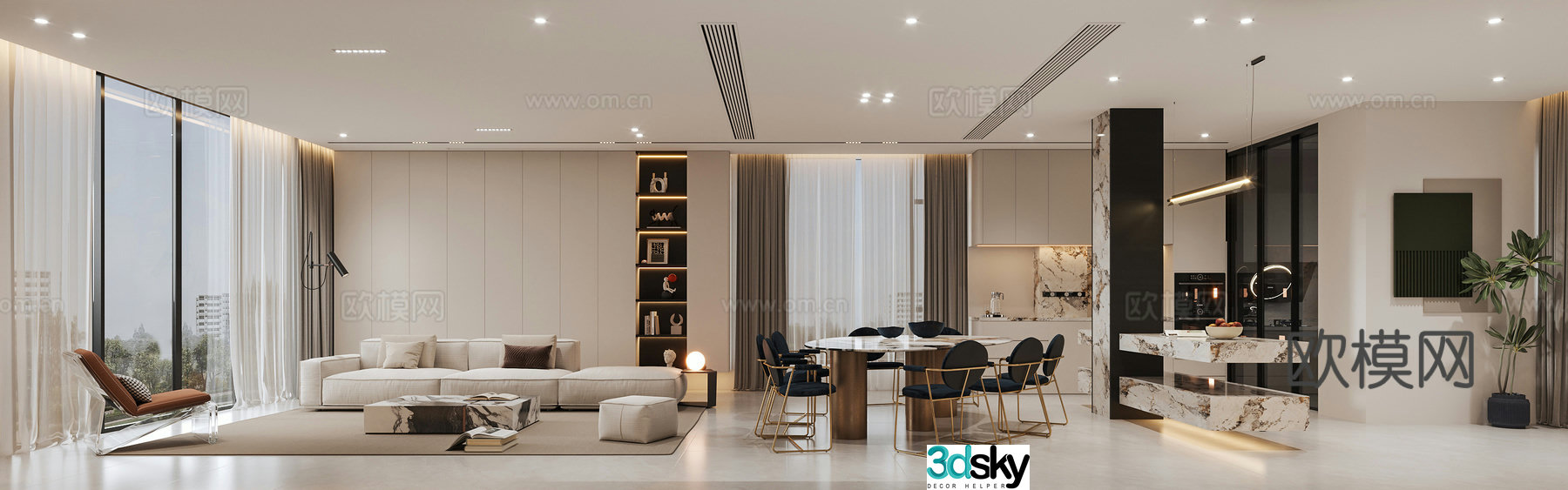 Modern Living Room Dining Island 3D Model