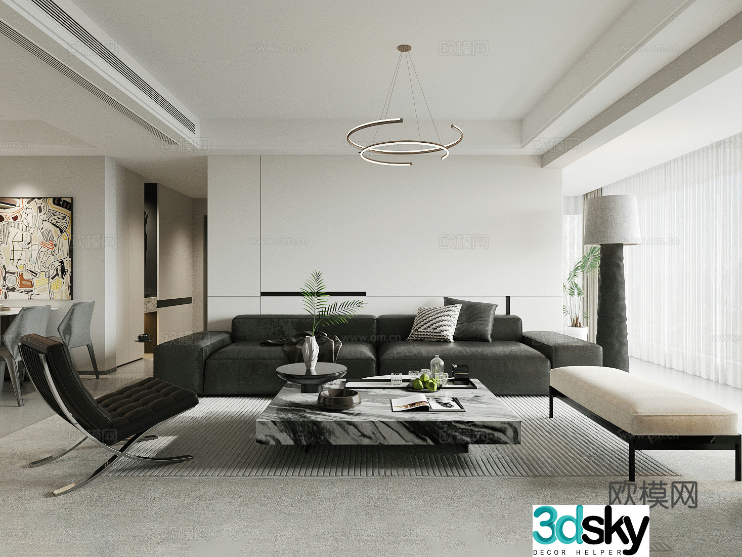 Modern minimalist home living room black white and gray living room sofa coffee table combination leather black sofa 3D model