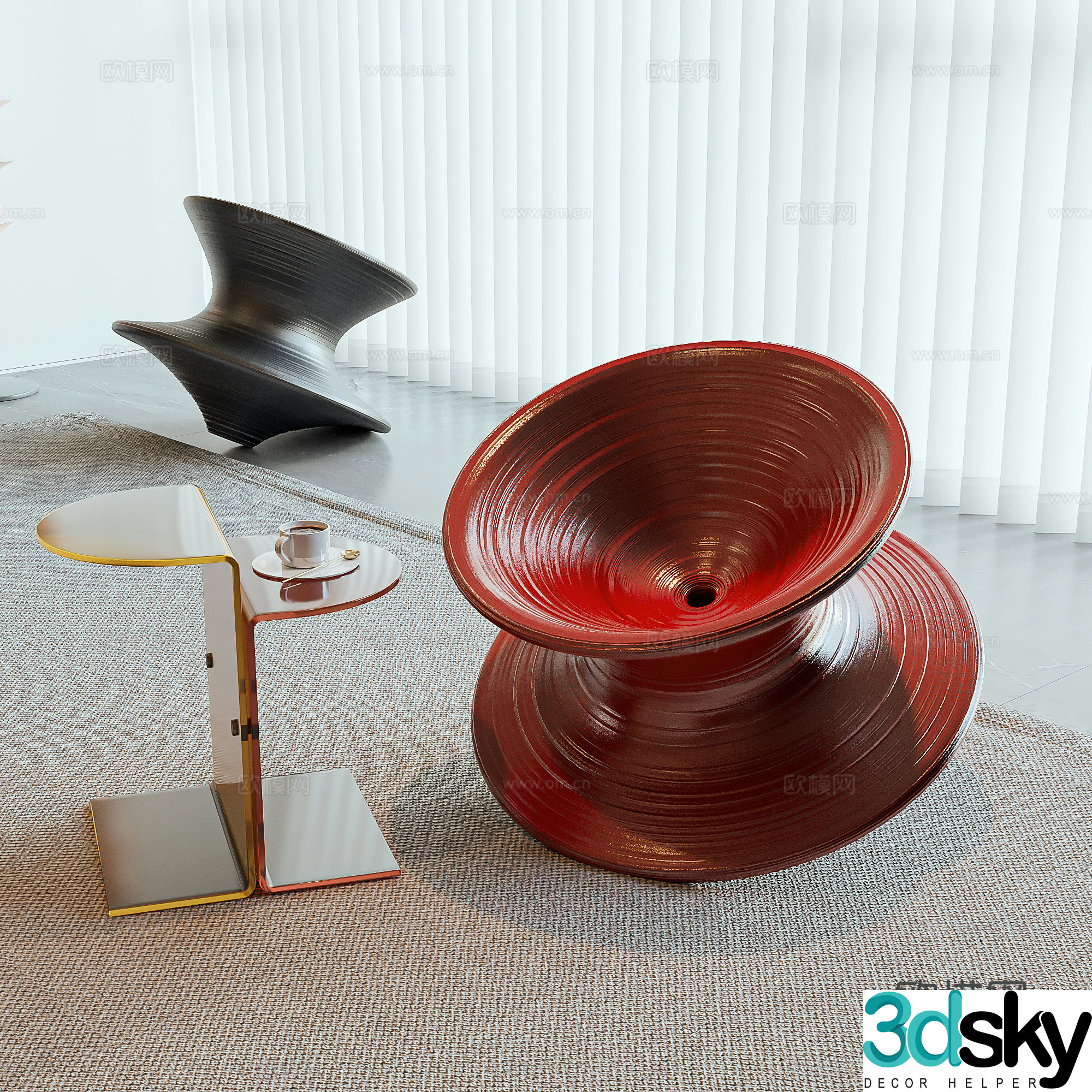Modern leisure chair Gyro leisure chair Acrylic coffee table Gyro ornaments Dream curtain Carpet 3D model