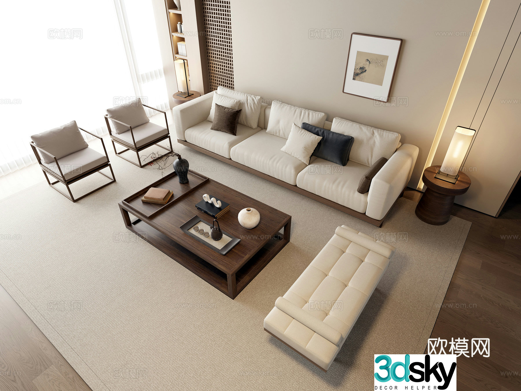 New Chinese sofa combination fabric sofa combination solid wood coffee table solid wood edge table solid wood decorative cabinet 3D model