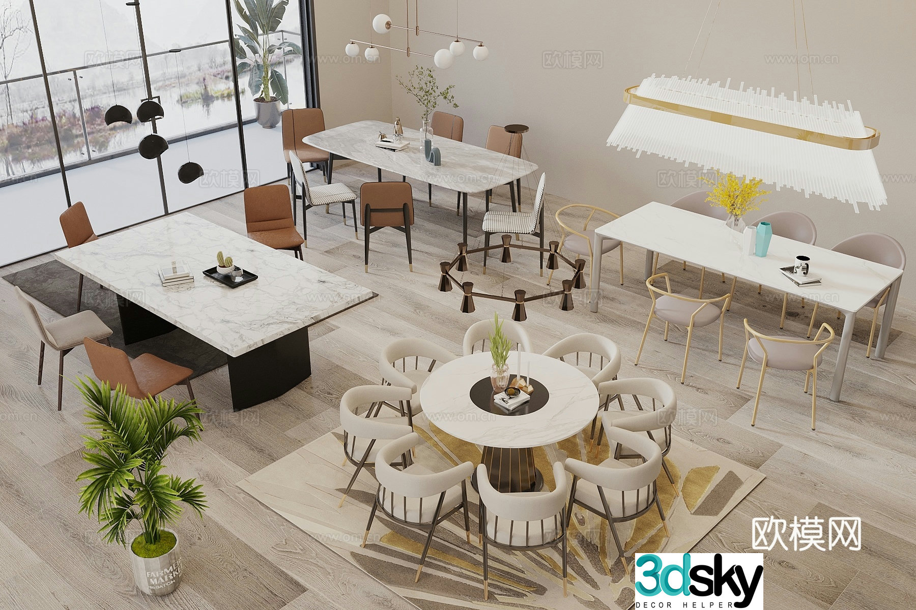 Modern cream style dining table and chair combination long table round table dining table and chair combination dining table and chair combination dining chandeliers 3D model