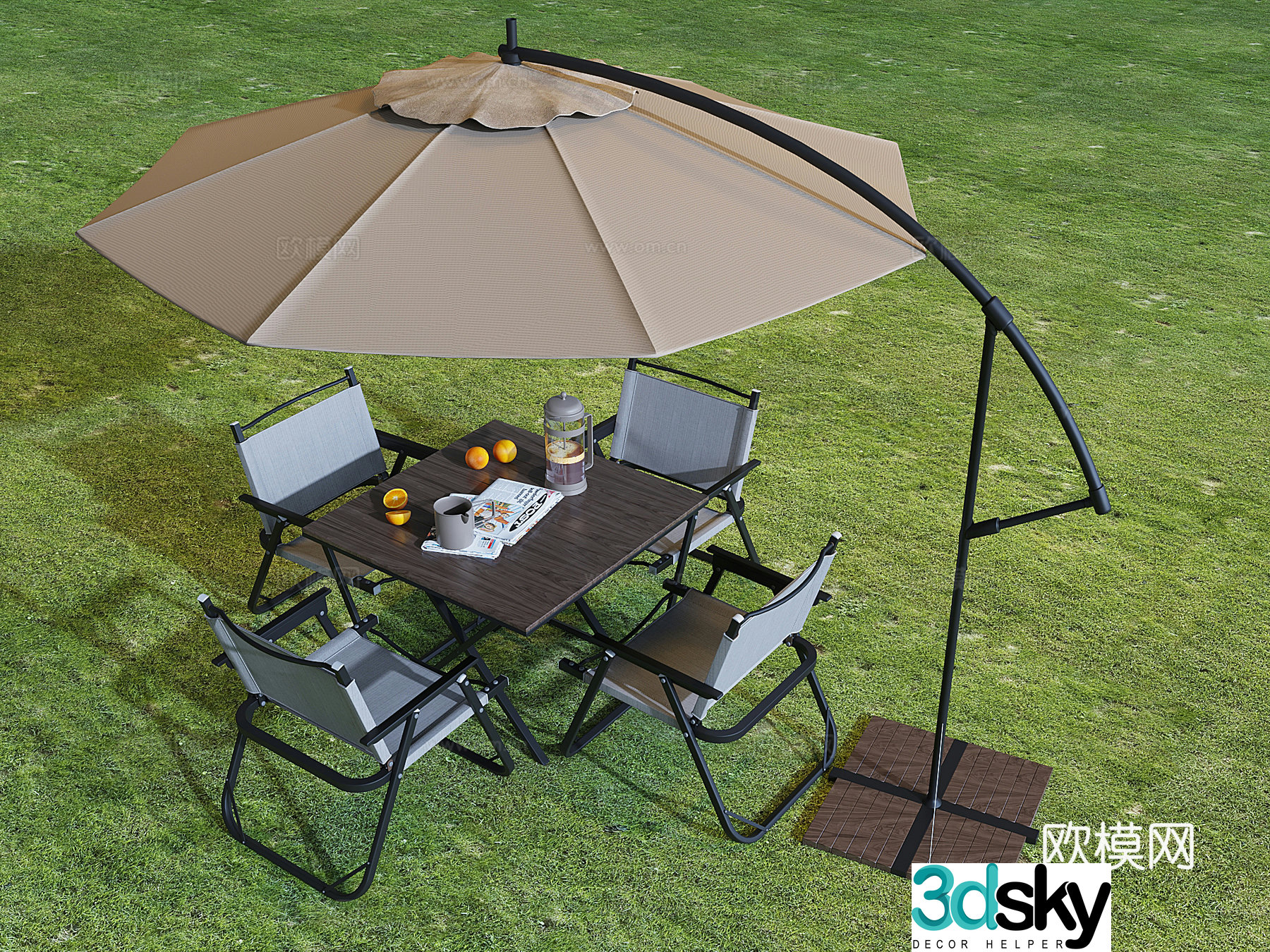 Outdoor sunshade parasols tables and chairs outside cafe leisure tables and folding chairs 3D model