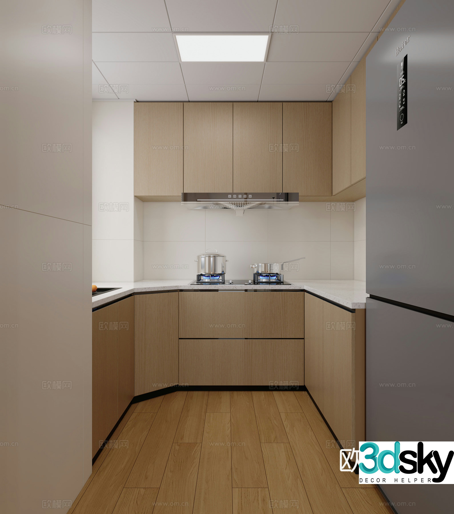 Log Nordic style U-shaped kitchen 3d model