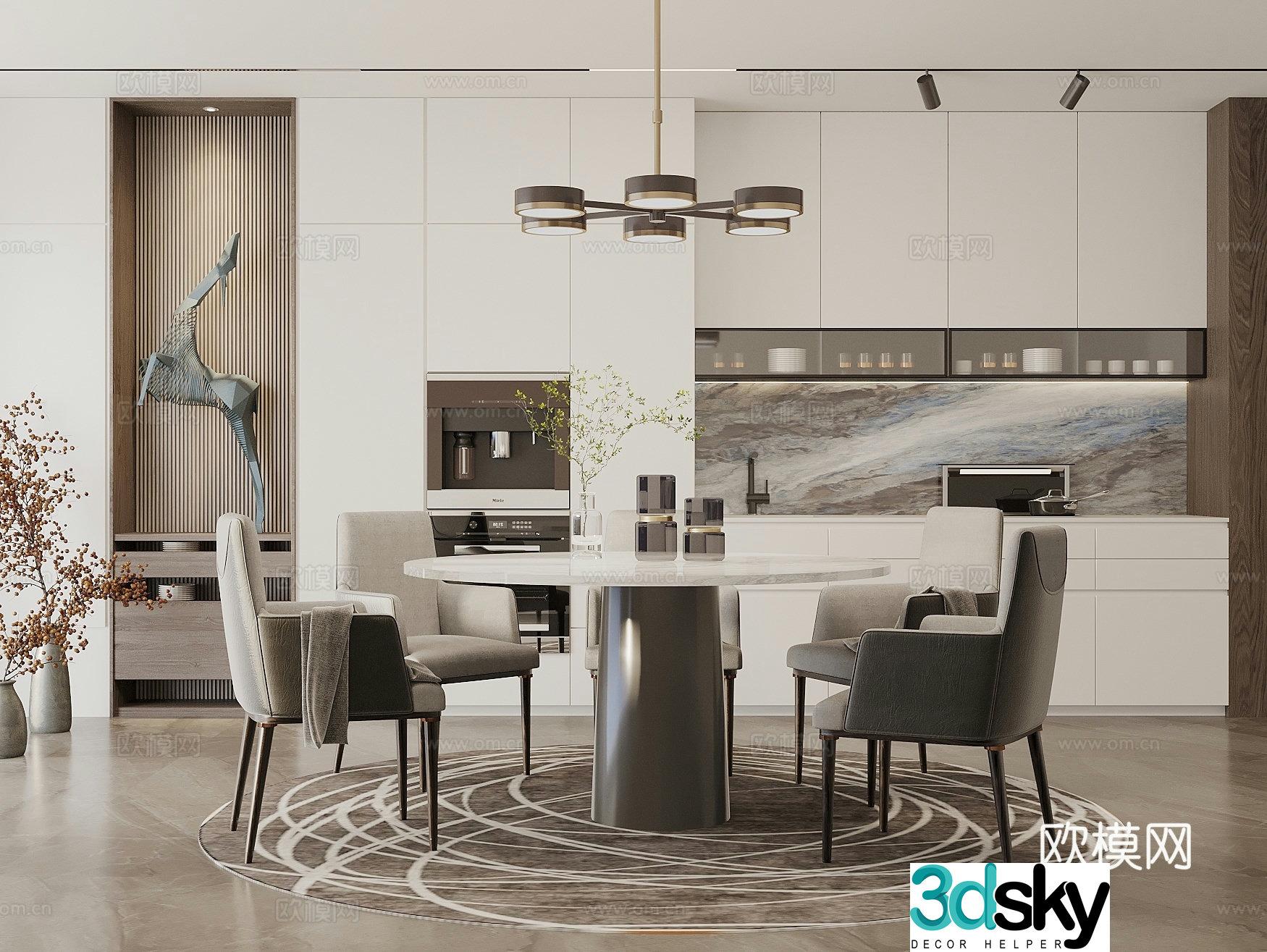 Creamy style round dining table and chair combination round table sideboard art ornaments restaurant chandeliers 3D model