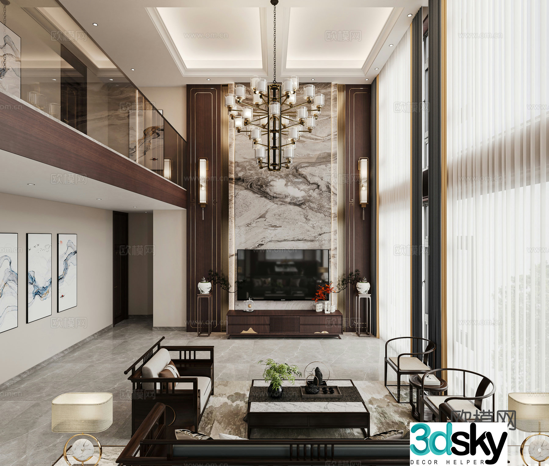 New Chinese style empty villa living room and dining room TV background wall TV cabinet New Chinese style living room Duplex 3D model