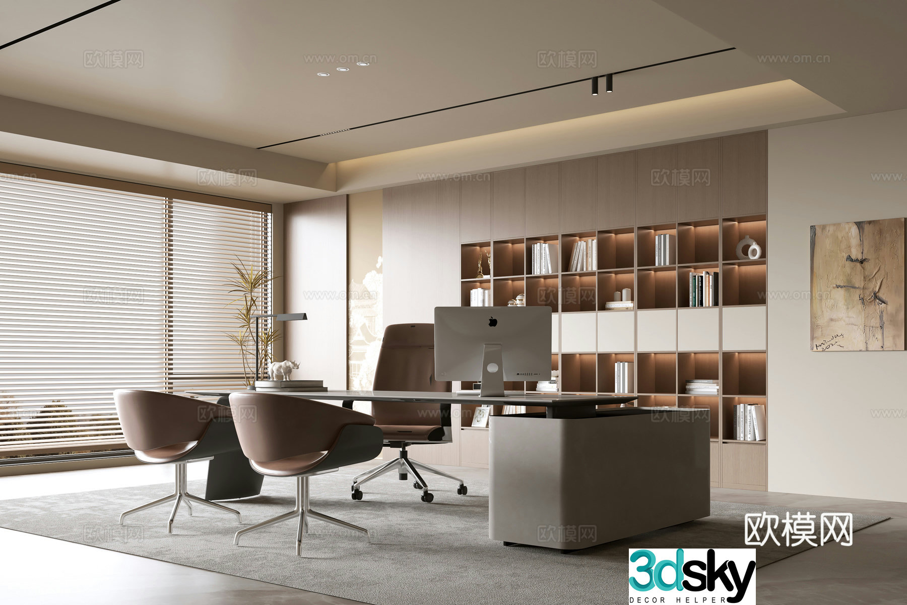 Middle style office background wall bookcase office bookcase bookcase background wall solid wood desk 3d model