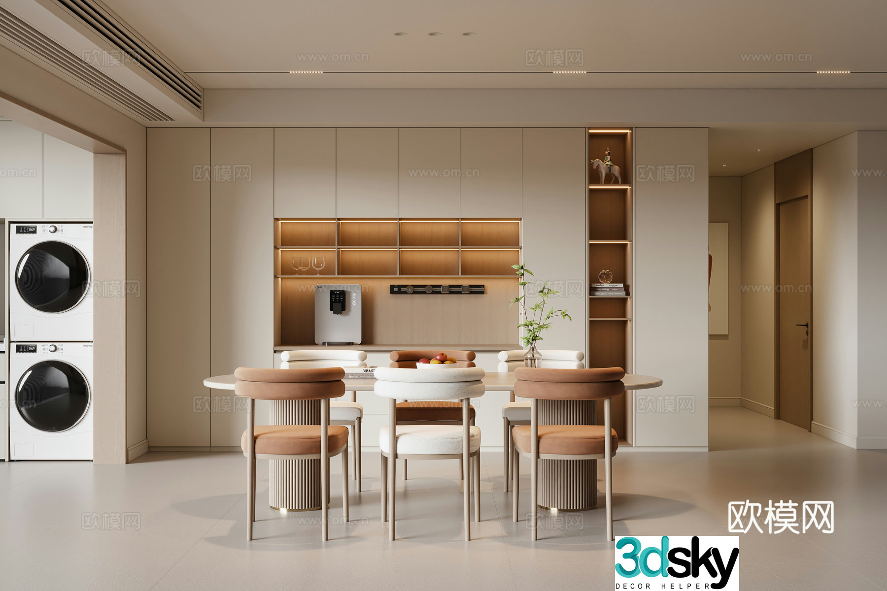 Modern cream style restaurant dining table and chair sideboard 3d model
