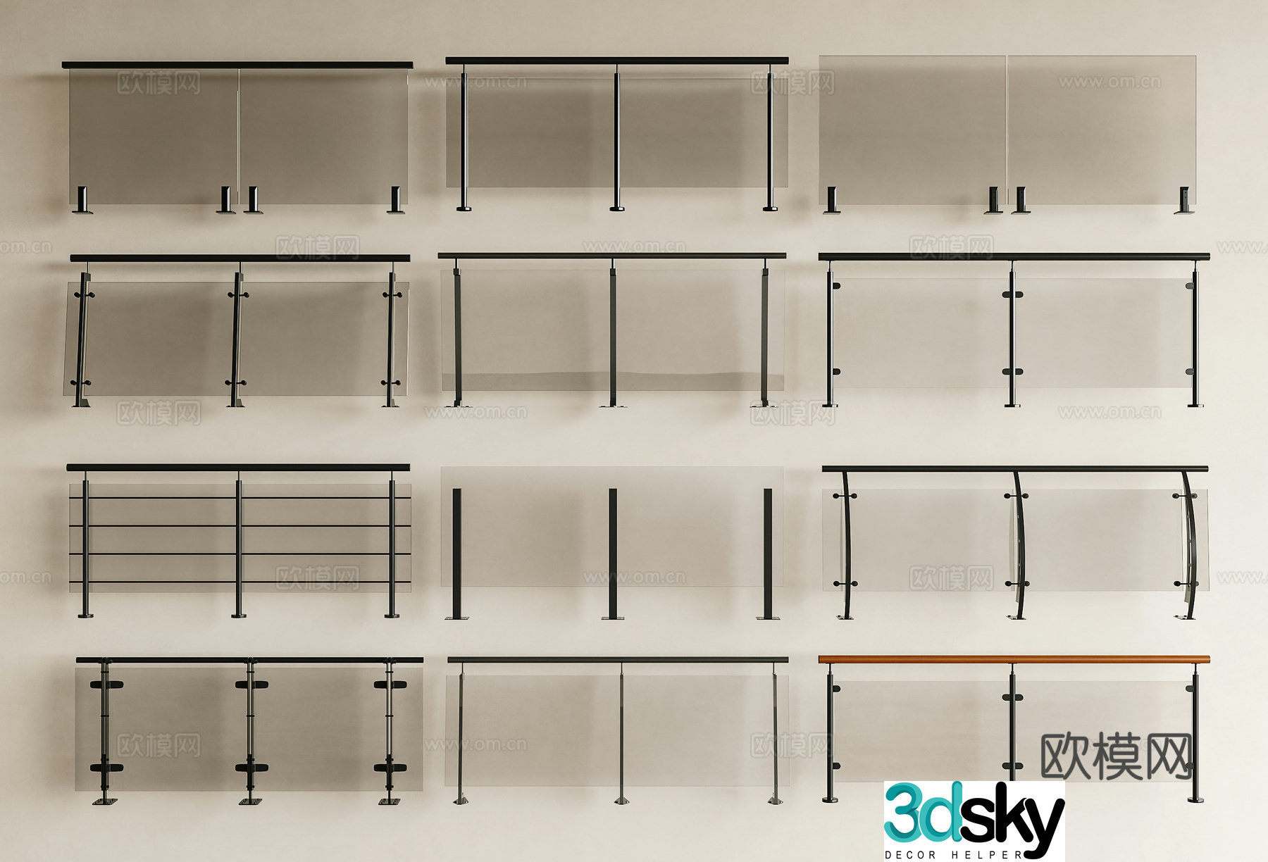 Modern minimalist glass railings Glass railings Fences Guardrails Stainless steel glass handrails Glass 3D model