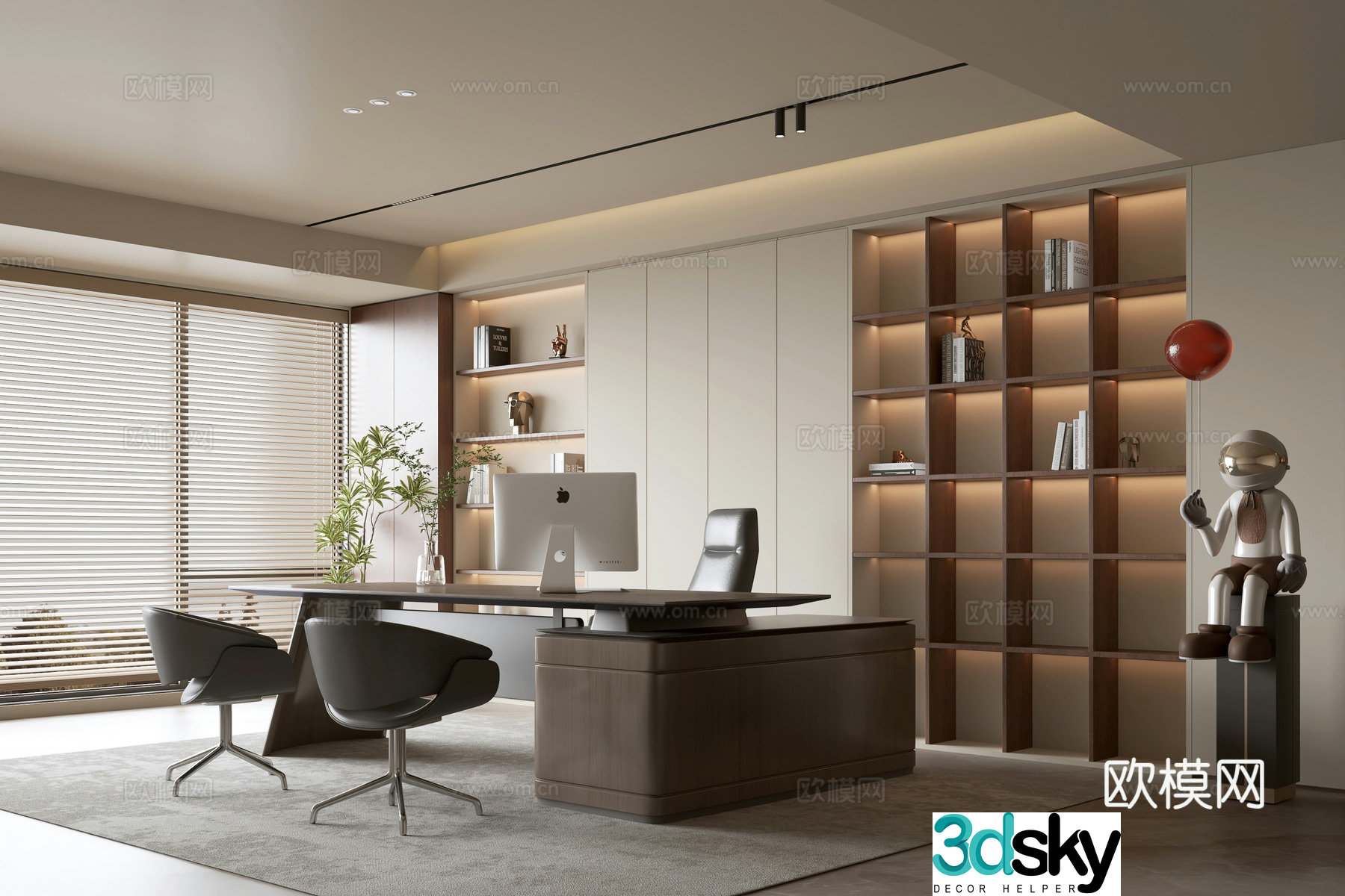 Middle style office background wall bookcase office bookcase bookcase background wall solid wood desk 3d model