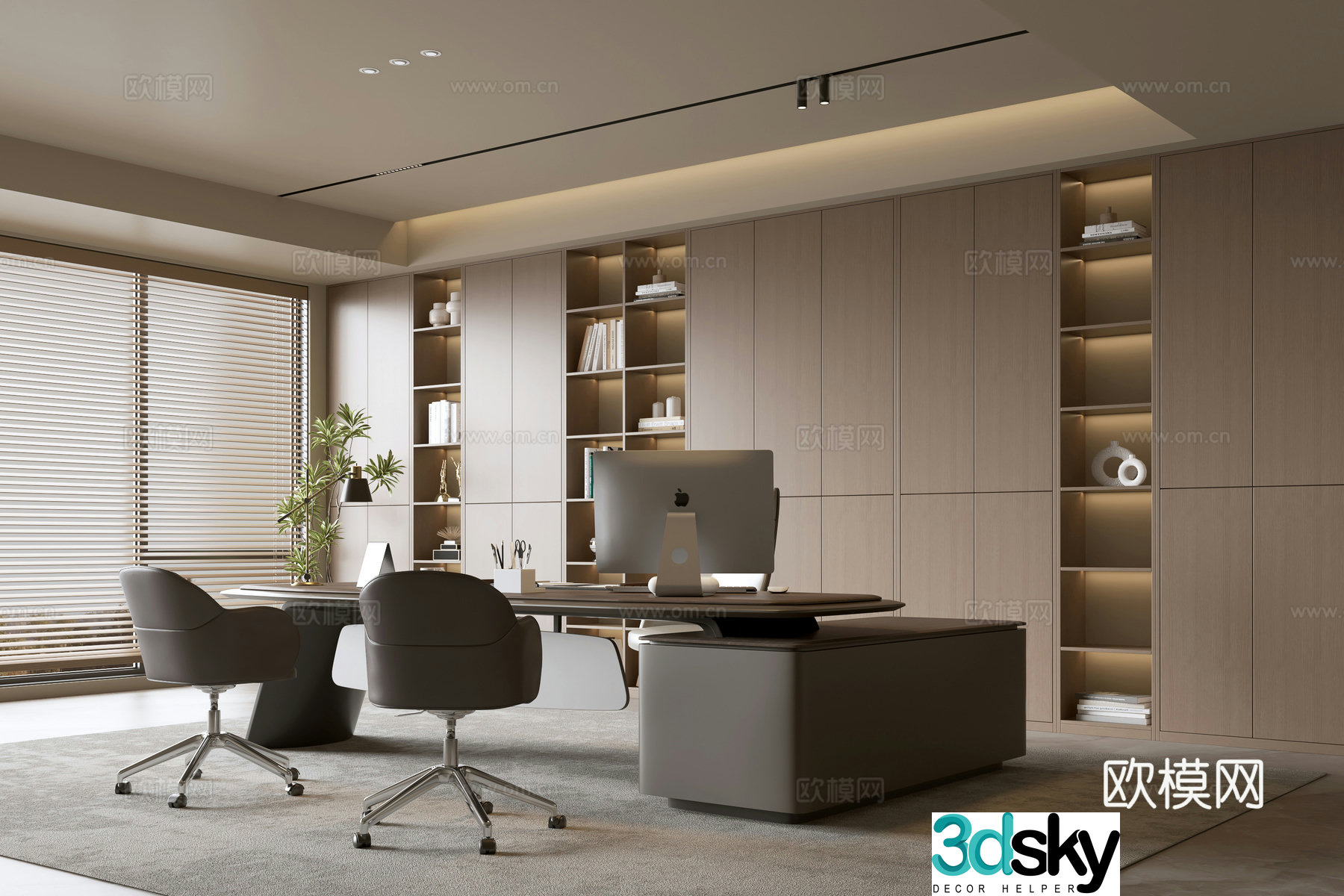 Modern office background wall bookcase office bookcase bookcase background wall solid wood office desk chair 3d model