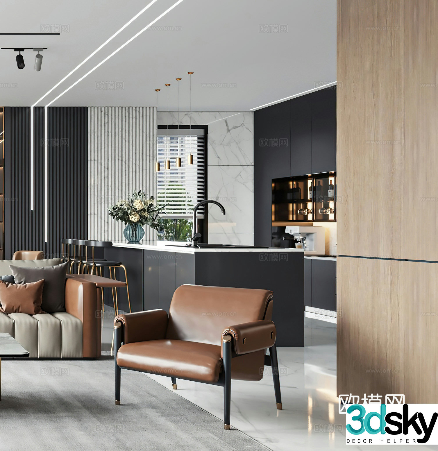 Italian leisure chair bar open kitchen western kitchen social hall modern leisure chair light luxury 3D model