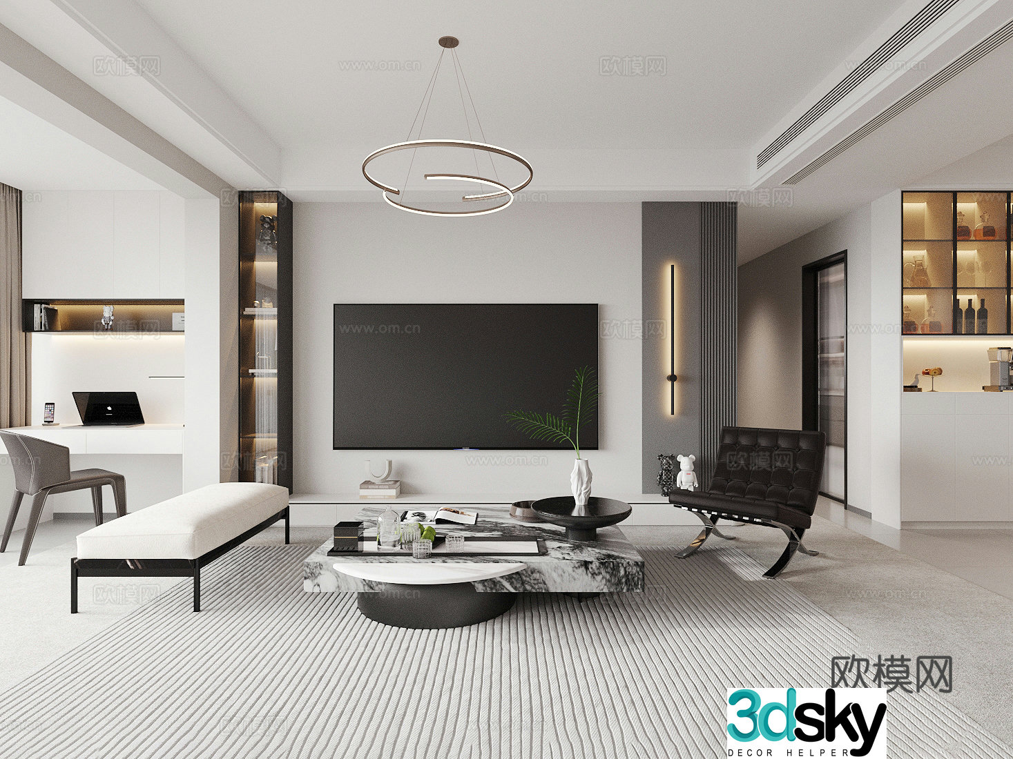 Modern home living room TV background wall Full row of TV background wall Black and white gray living room Sofa chair 3d model