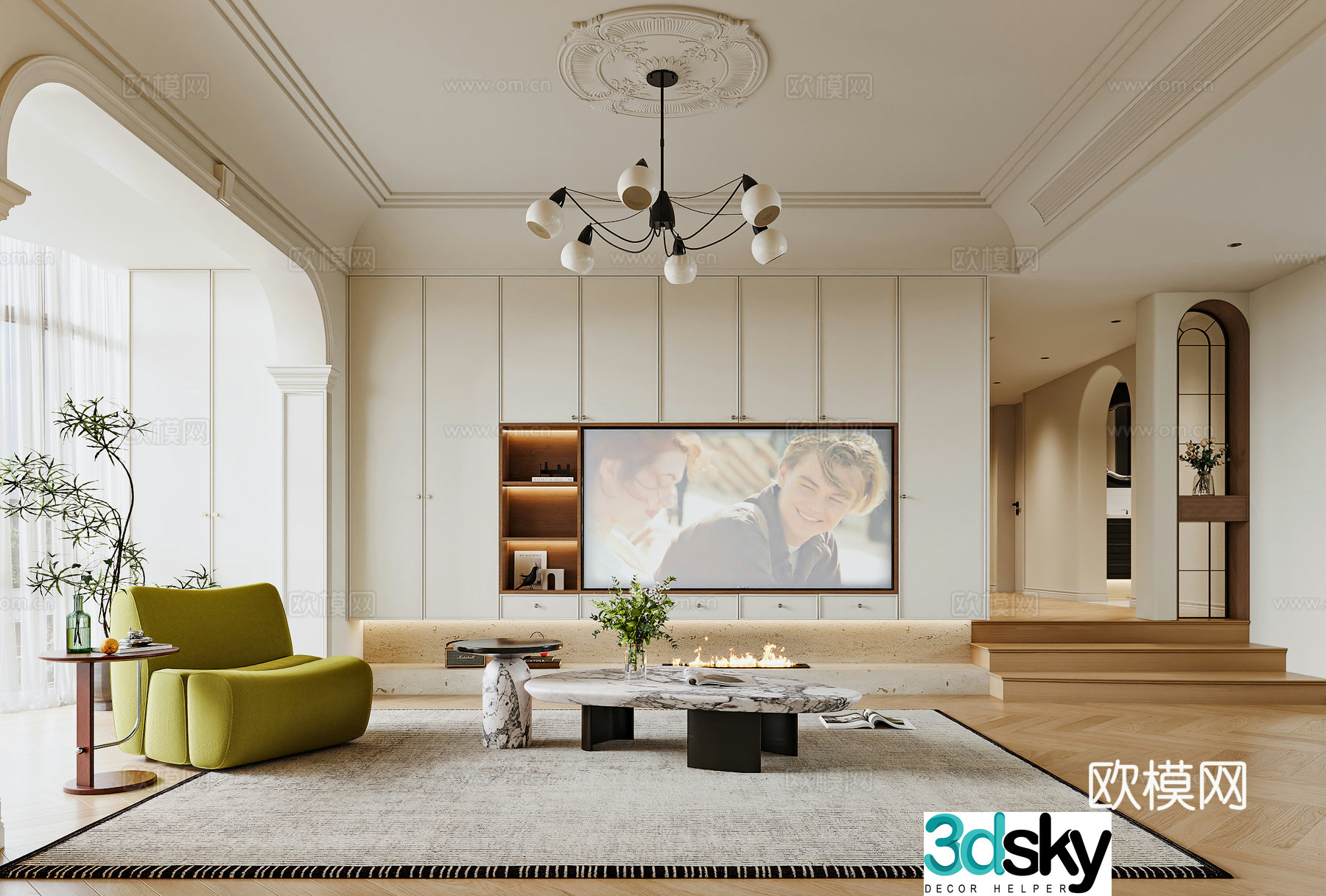 French cream living room French living room TV background French TV combination cabinet French single chair 3d model