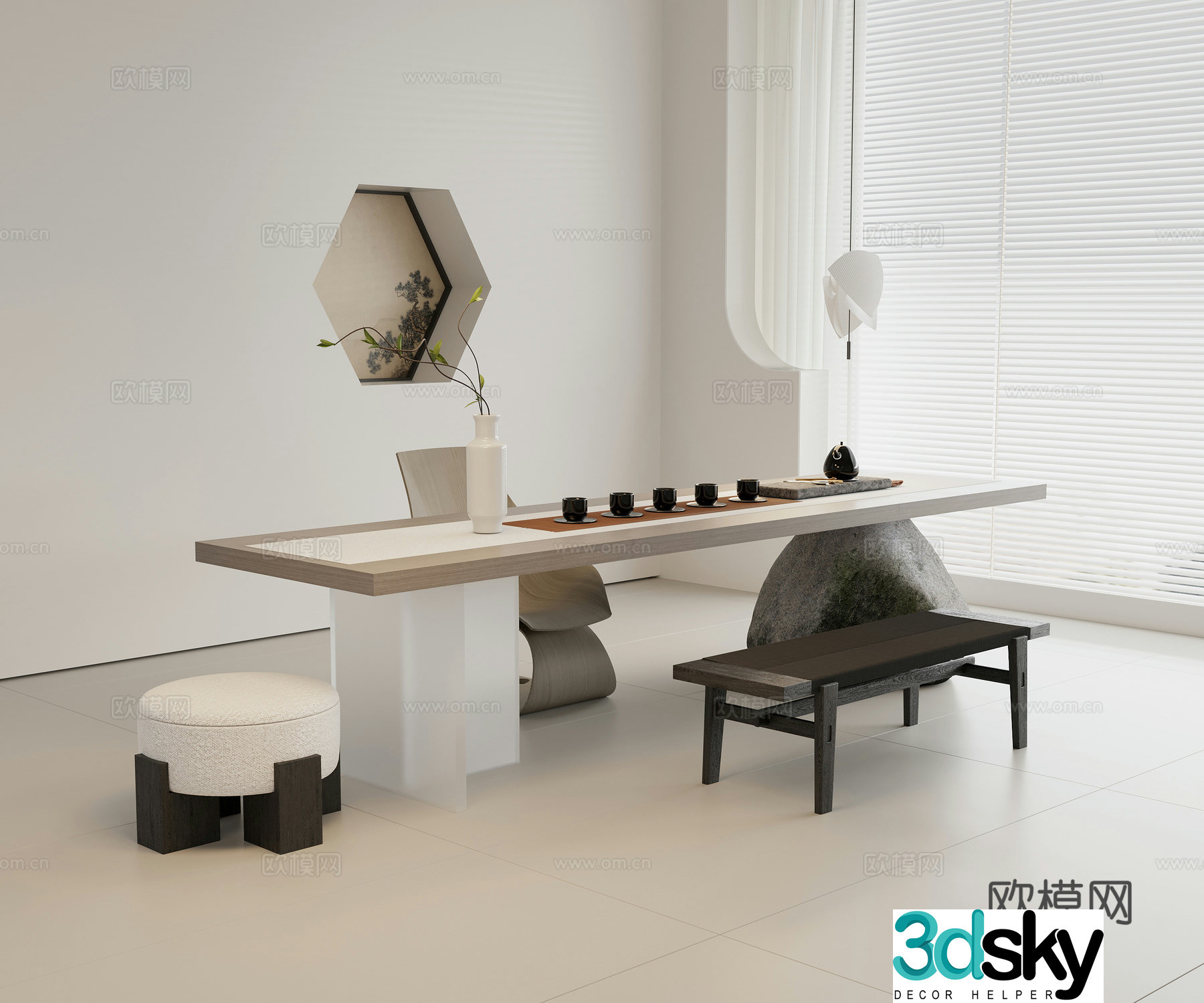 Solid wood tea table Solid wood single chair Solid wood bench Fabric round stool Tea set combination Teapot tea cup 3D model