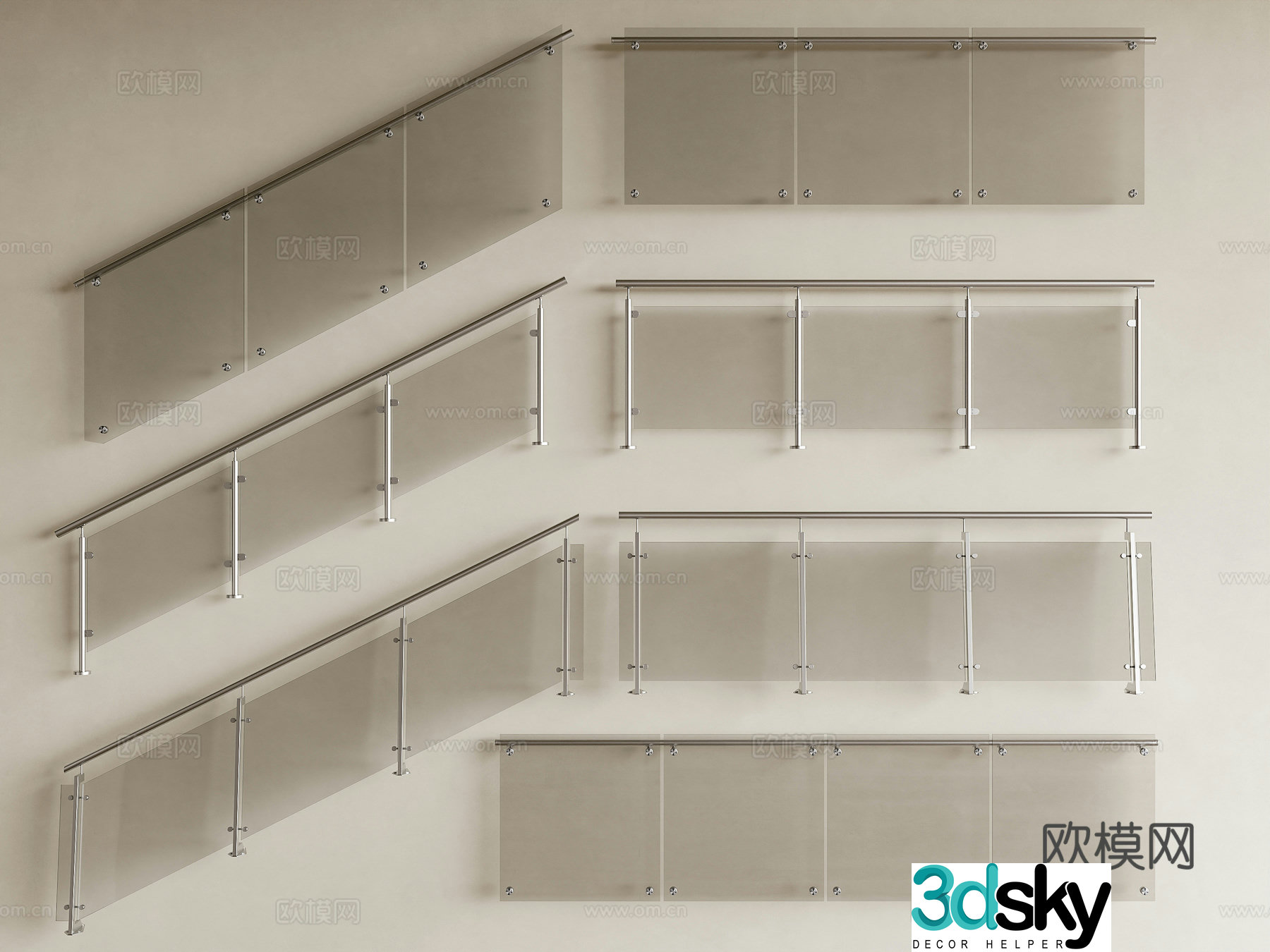 Modern railings Glass railings Glass stair railings Stainless steel glass handrails Fence Guardrail 3d model