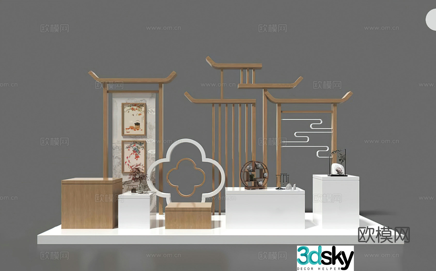 New Chinese style display stand New Chinese style background Partition display Showroom Exhibition hall New rural 3D model