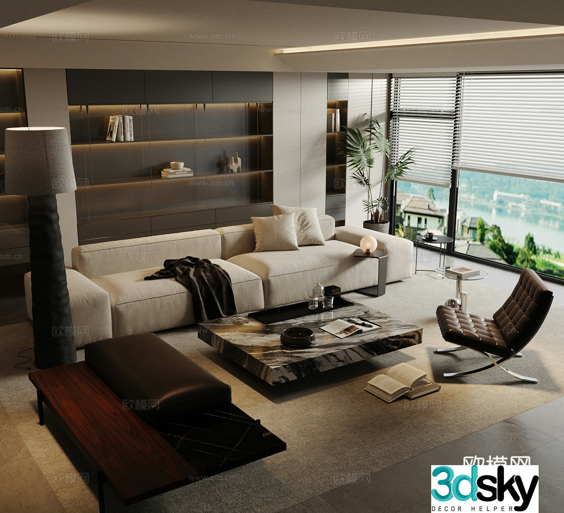Modern home living room sofa and coffee table combination high-end gray living room Italian light luxury living room black white and gray 3D model