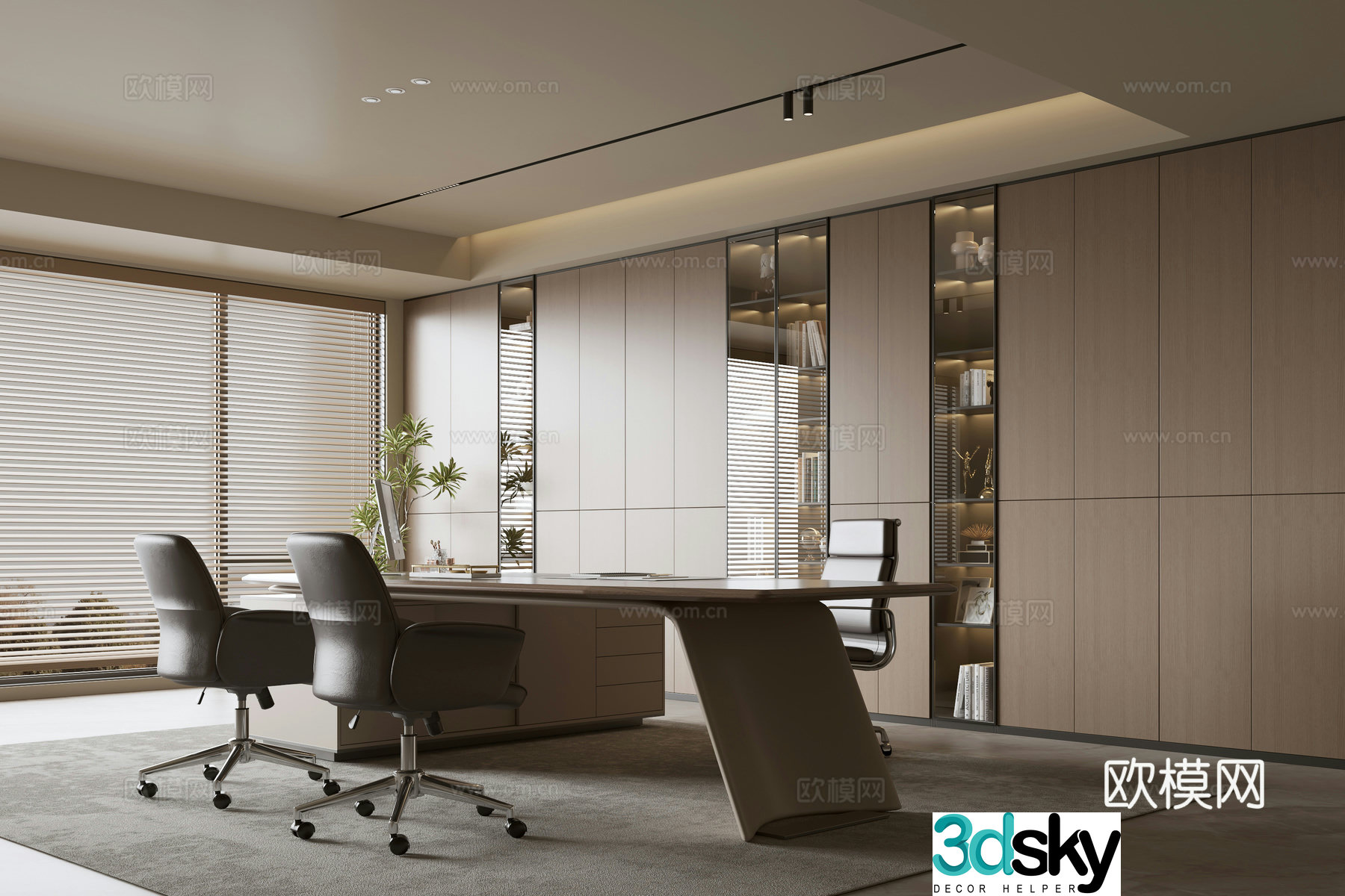Modern office background wall bookcase office bookcase bookcase background wall solid wood office desk chair 3d model
