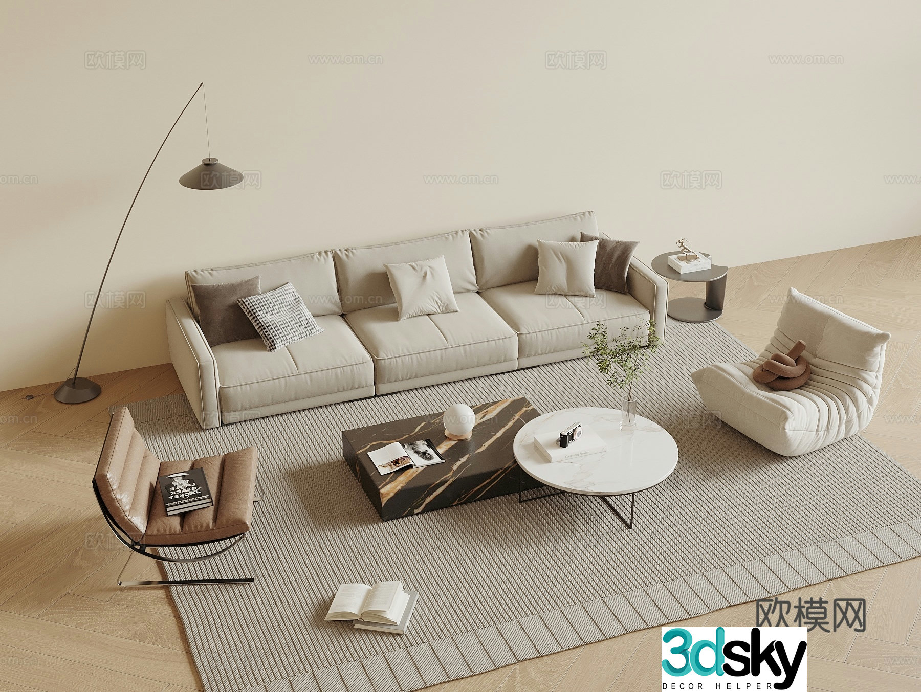 Modern cream style sofa coffee table combination single sofa leisure chair living room sofa floor lamp 3d model
