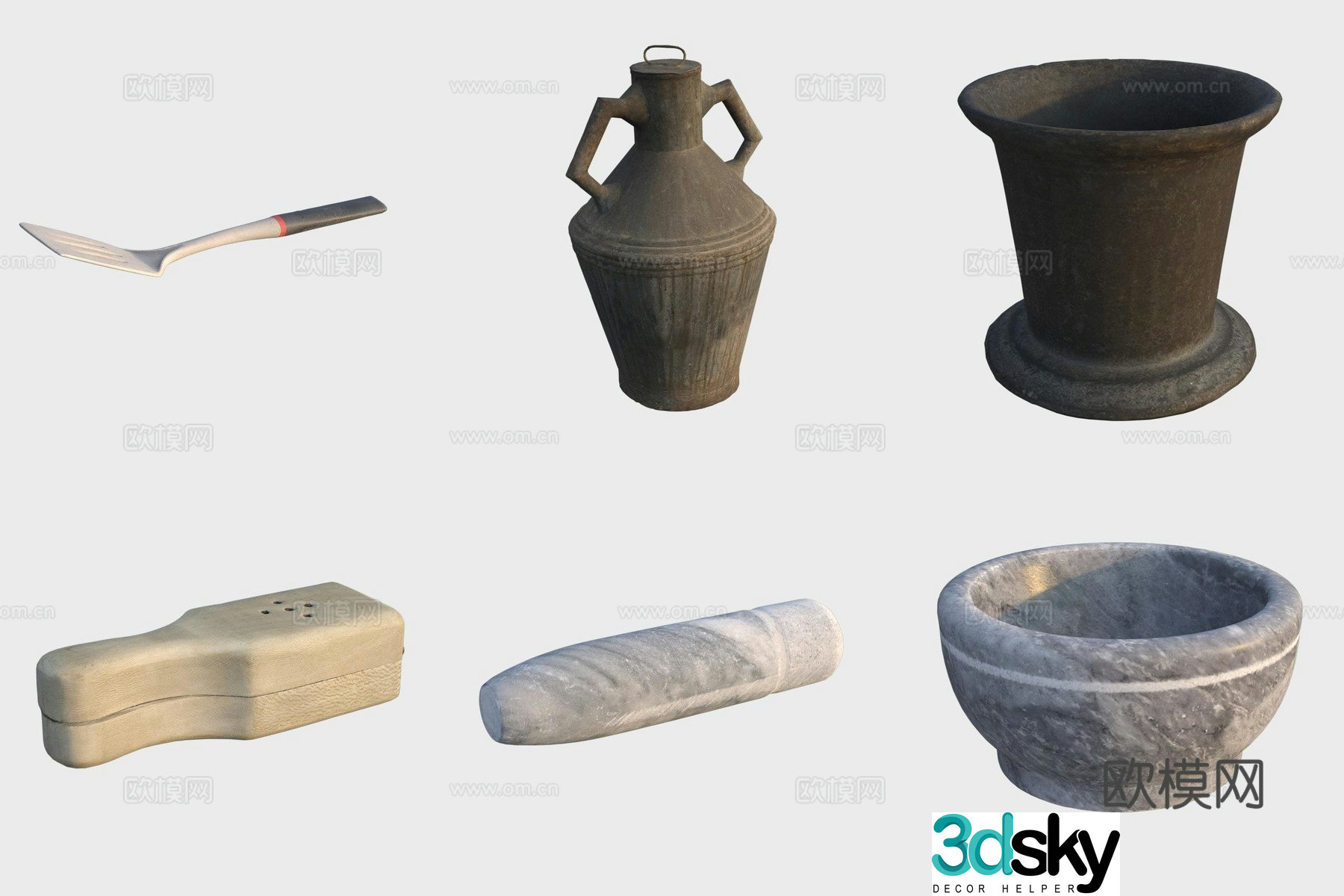 Ancient pot stone pot stone mortar spatula 3D model