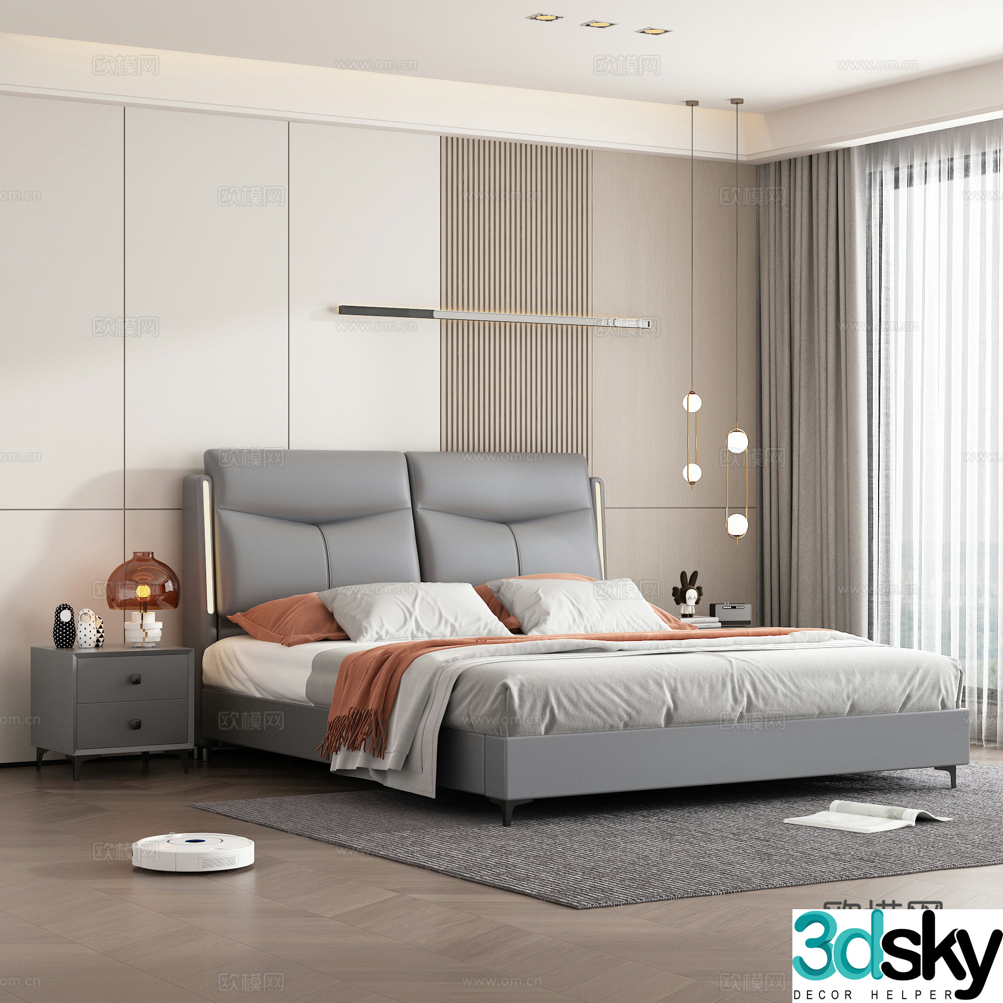 Double bed leather soft pack double bed master bedroom leather bed bedroom bed nightstand bed 3d model