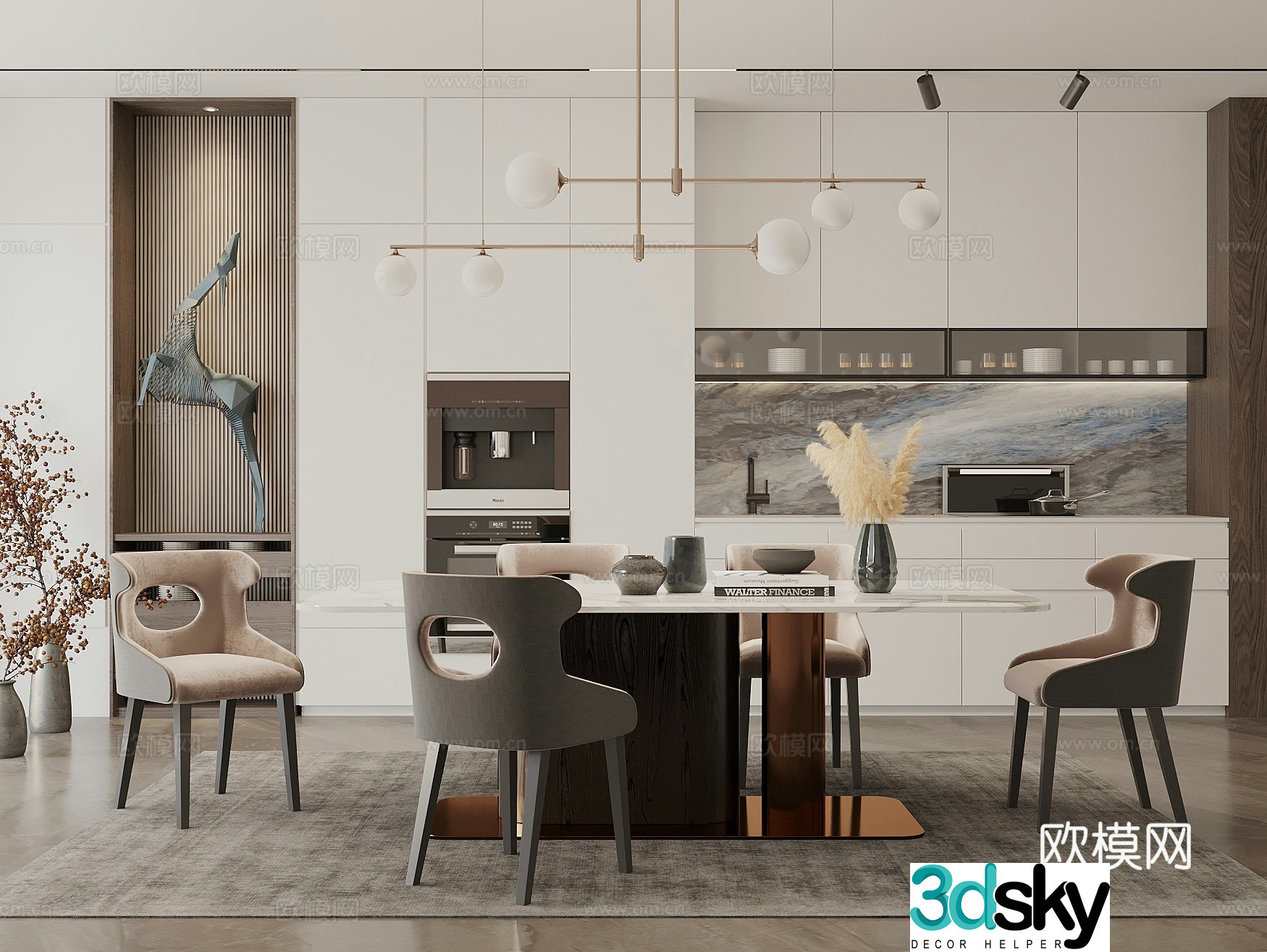 Creamy dining table and chair combination long table sideboard art ornaments restaurant chandeliers 3D model