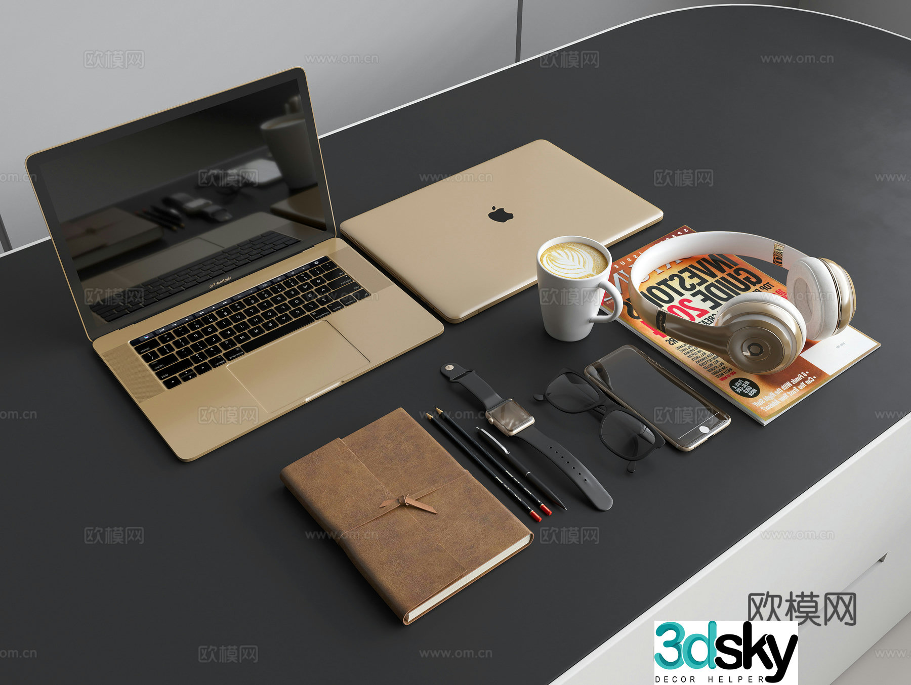 Laptop headphones mobile phone watch glasses notepad pen coffee cup 3d model
