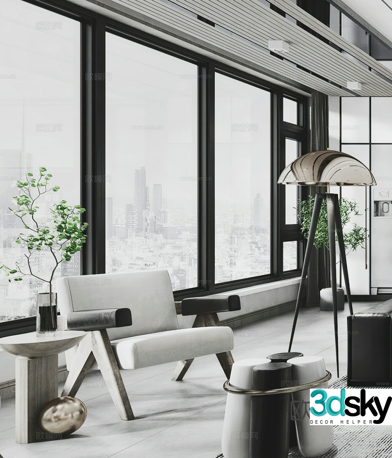 Italian casual chair high-end gray casual chair single chair floor lamp side table corner table single chair 3d model