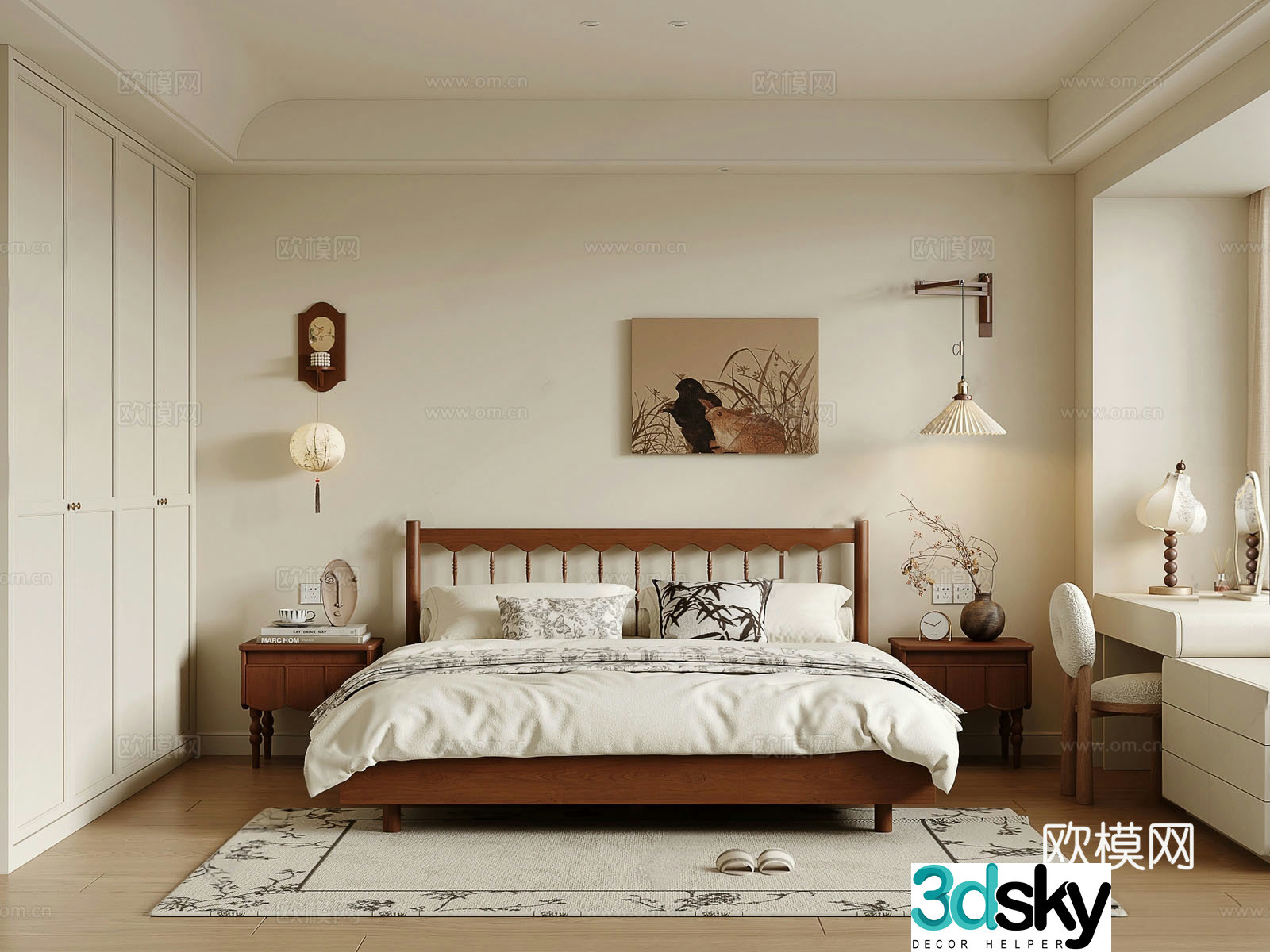 Middle-aged new Chinese style home bedroom solid wood double bed chandeliers nightstand dressing table 3D model