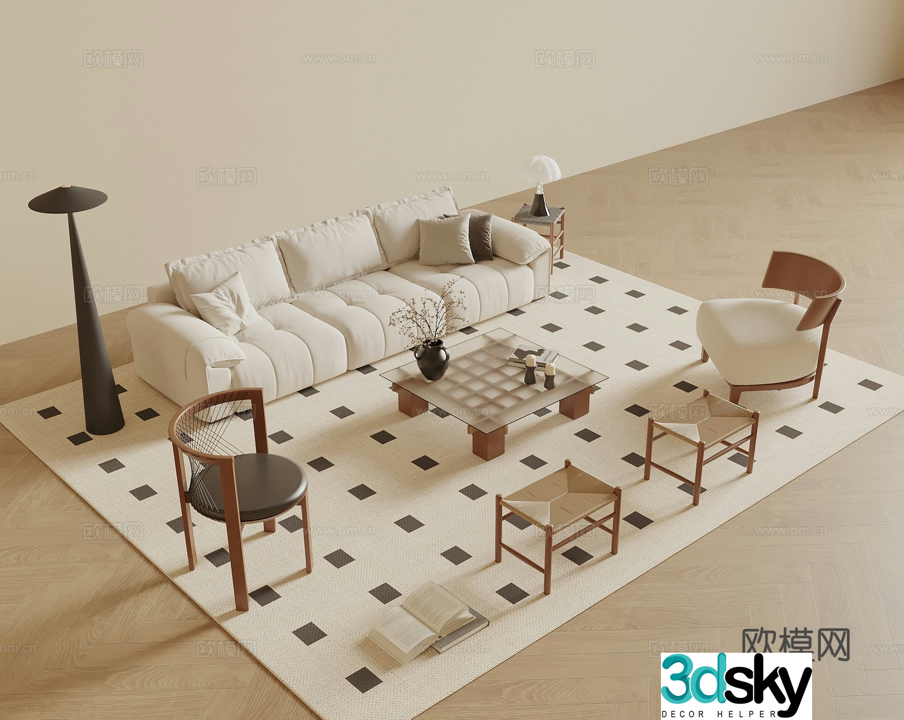 Modern medieval sofa coffee table combination leisure chair sofa stool floor lamp three-person sofa guest 3D model