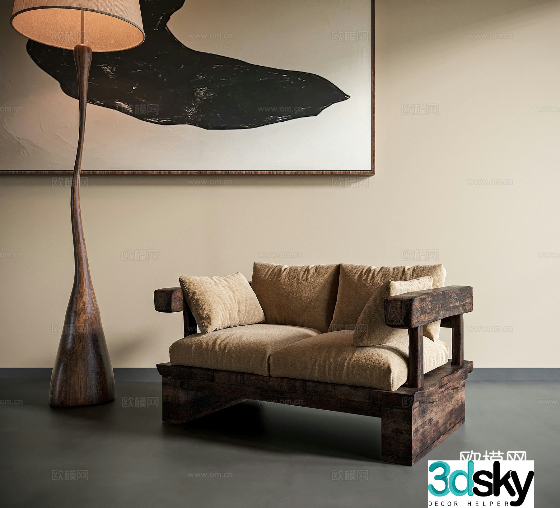 Wasabi style solid wood sofa chair 3d model