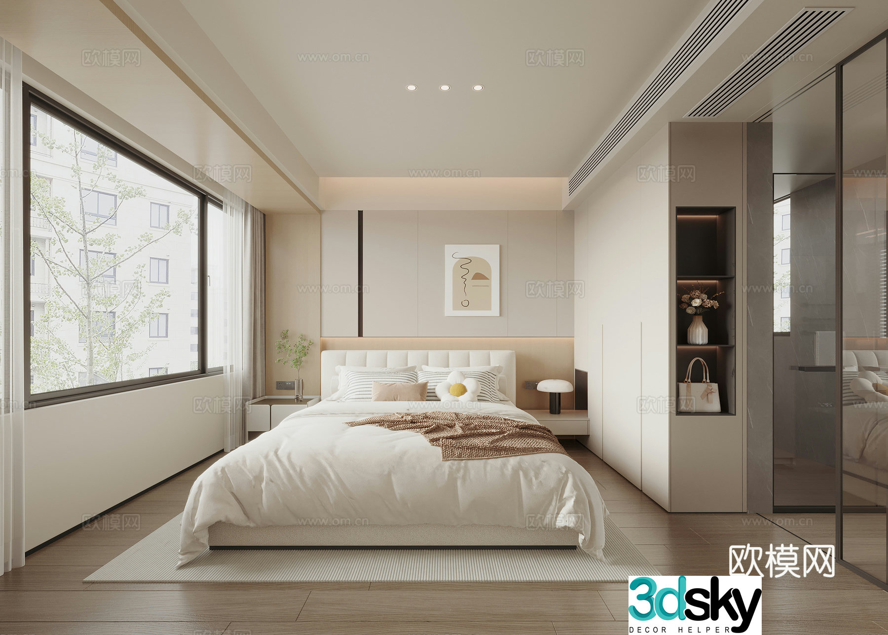 Modern creamy bedroom double bed wardrobe hanging painting bedside background wall 3d model