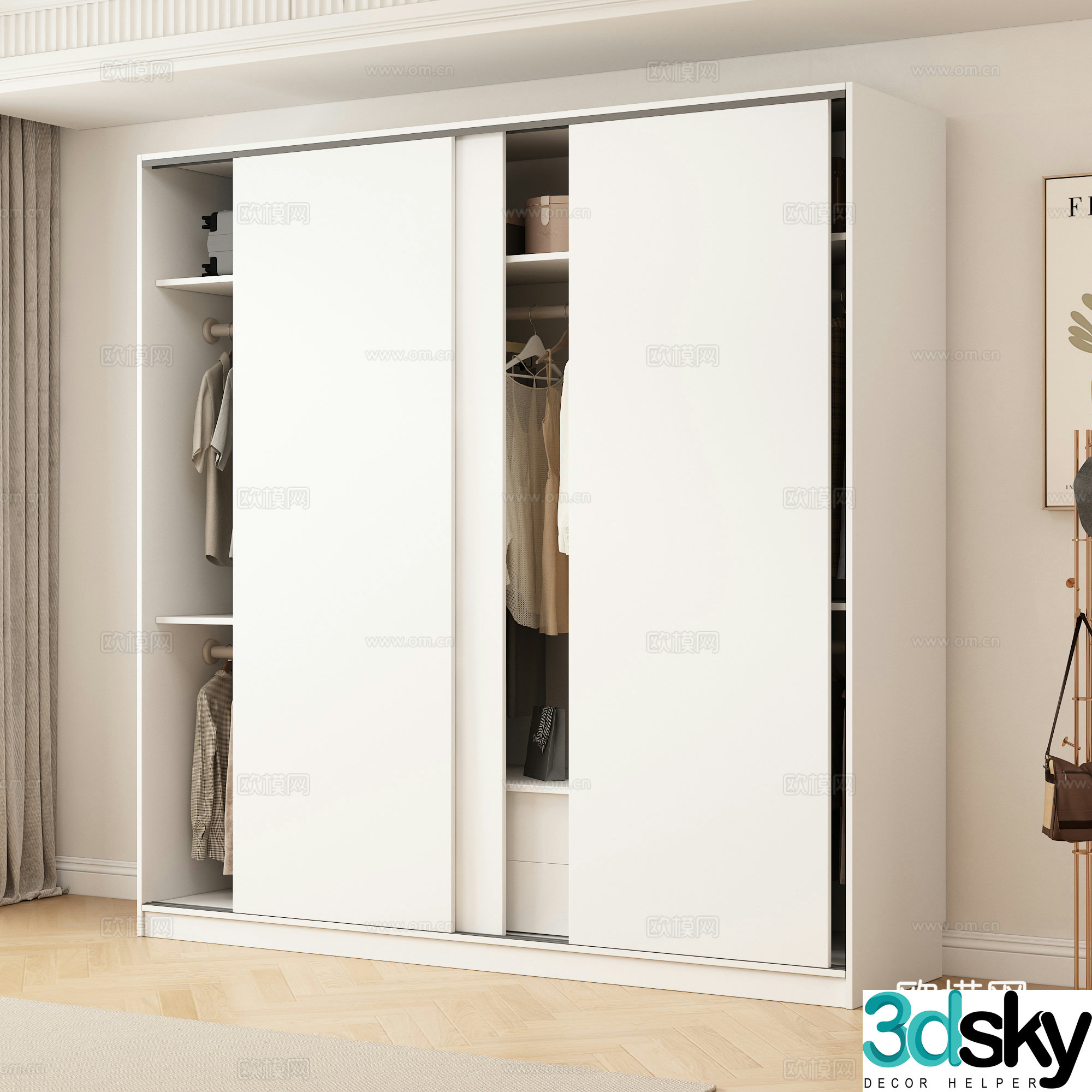 Modern sliding door wardrobe clothes clothes hanging rod decorative painting wardrobe interior 3d model