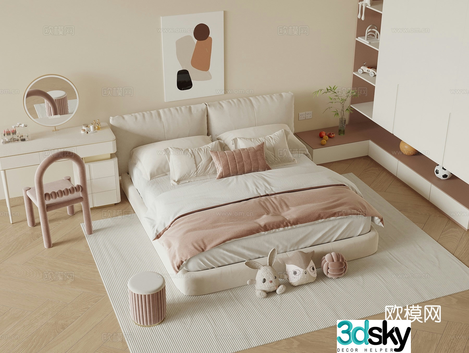 Modern girl room double bed daughter room double bed wardrobe desk chair hanging painting girl room bedroom 3d model