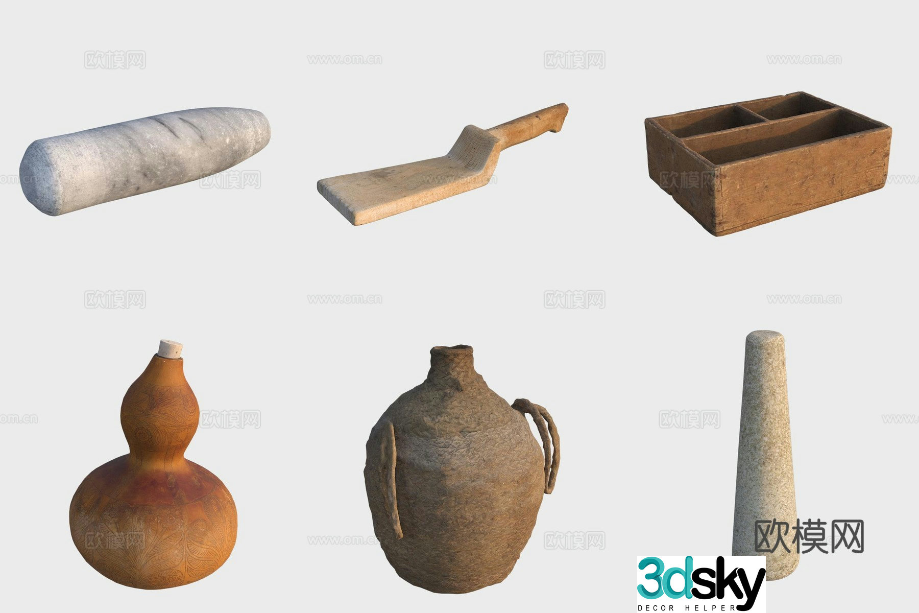 Ancient wooden products kitchen utensils stone mortar spatula gourd wine pot pot clay jar 3d model