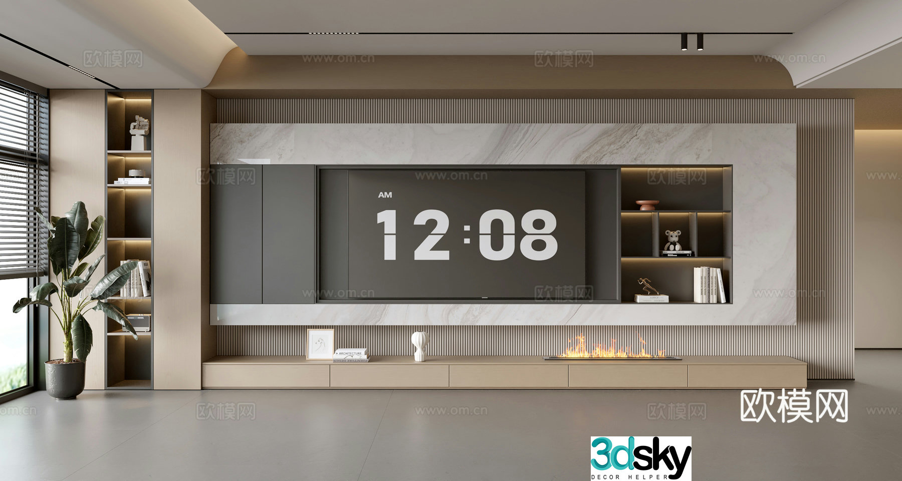 Modern simple living room balcony cabinet sofa combination coffee table TV background wall 3d model