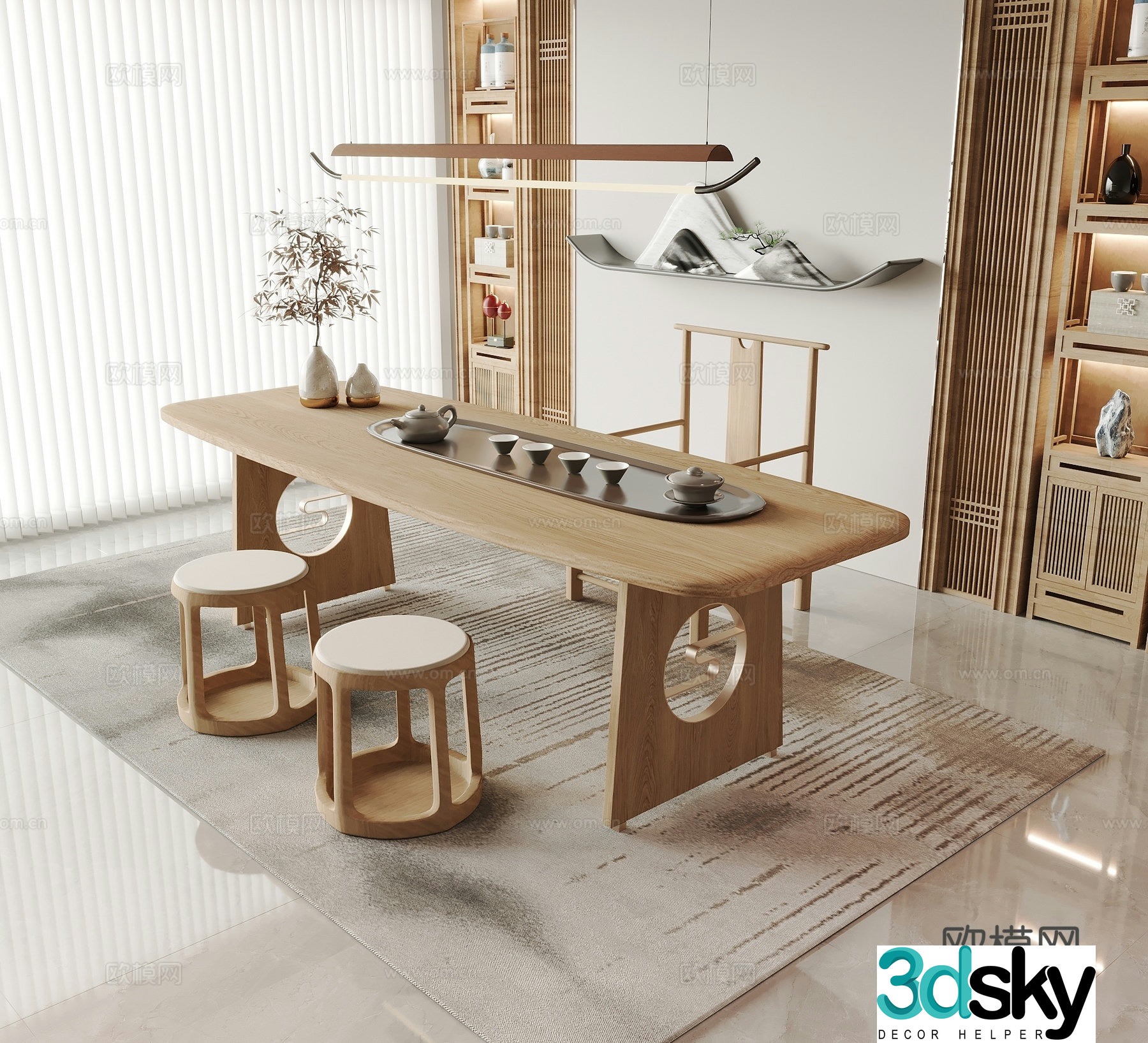 New Chinese-style tea table and chairs tea cabinets tea sets tea room chandelier 3D model