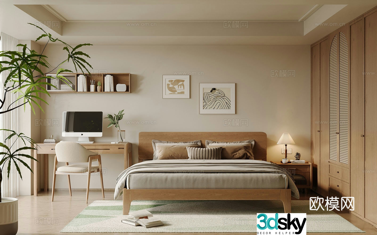 Modern log home bedroom Master bedroom Solid wood double bed Bedside table Solid wood Computer desk 3D model