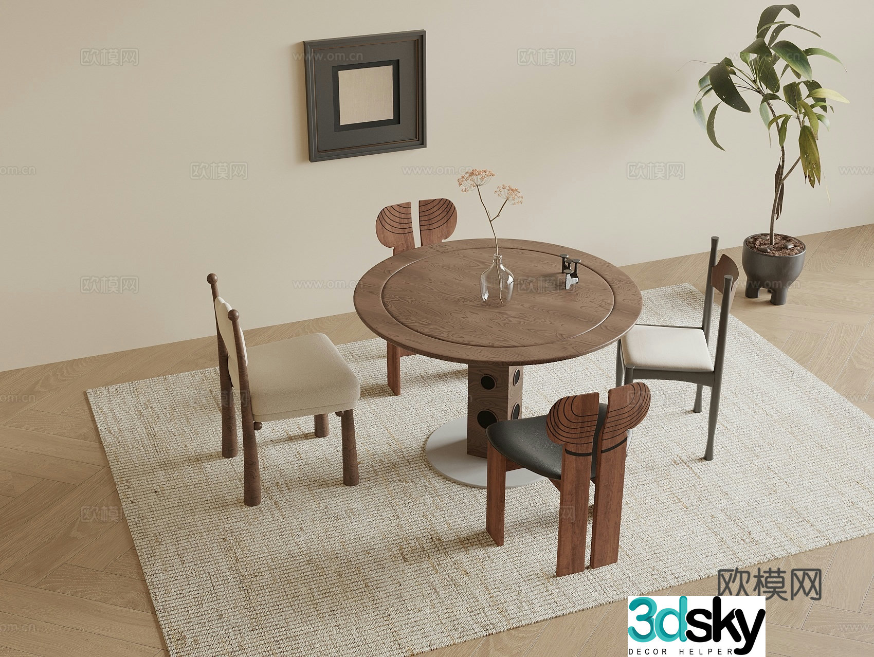 Wasabi medieval style round dining table and chair combination single chair 3D model