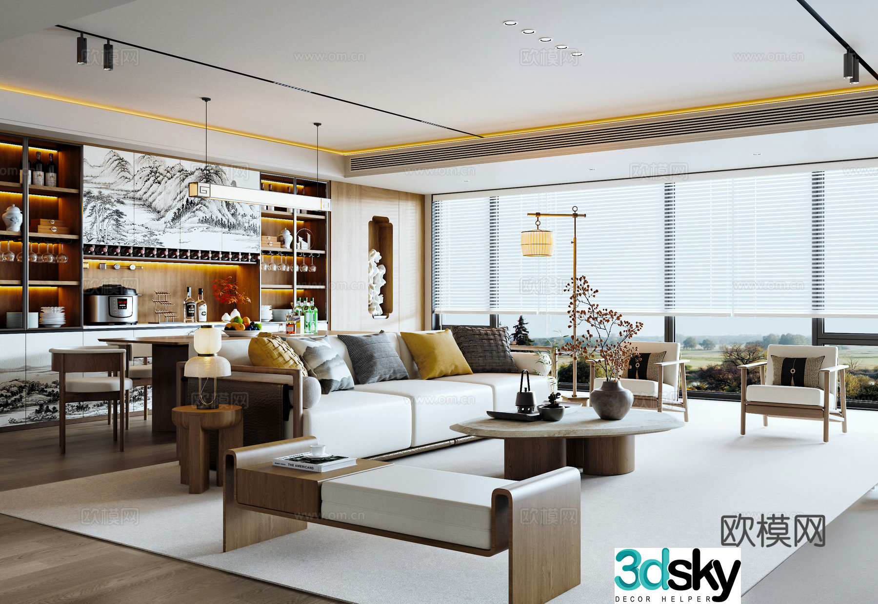 New Chinese style Song’s living room dining sideboard dining table chair chandeliers sofa coffee table combination 3D model