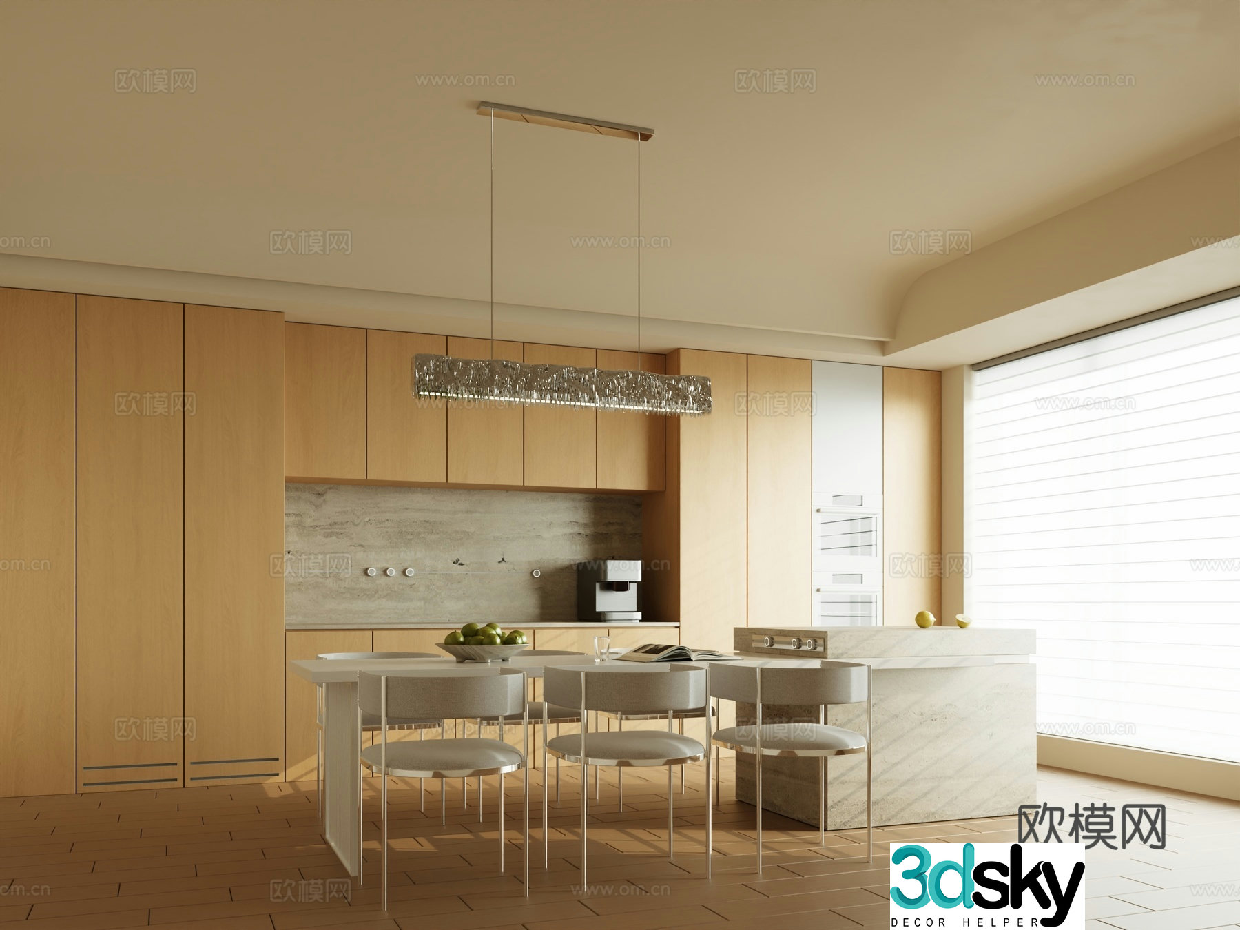 Cream minimalist villa restaurant Open restaurant Long table restaurant Island restaurant 3d model