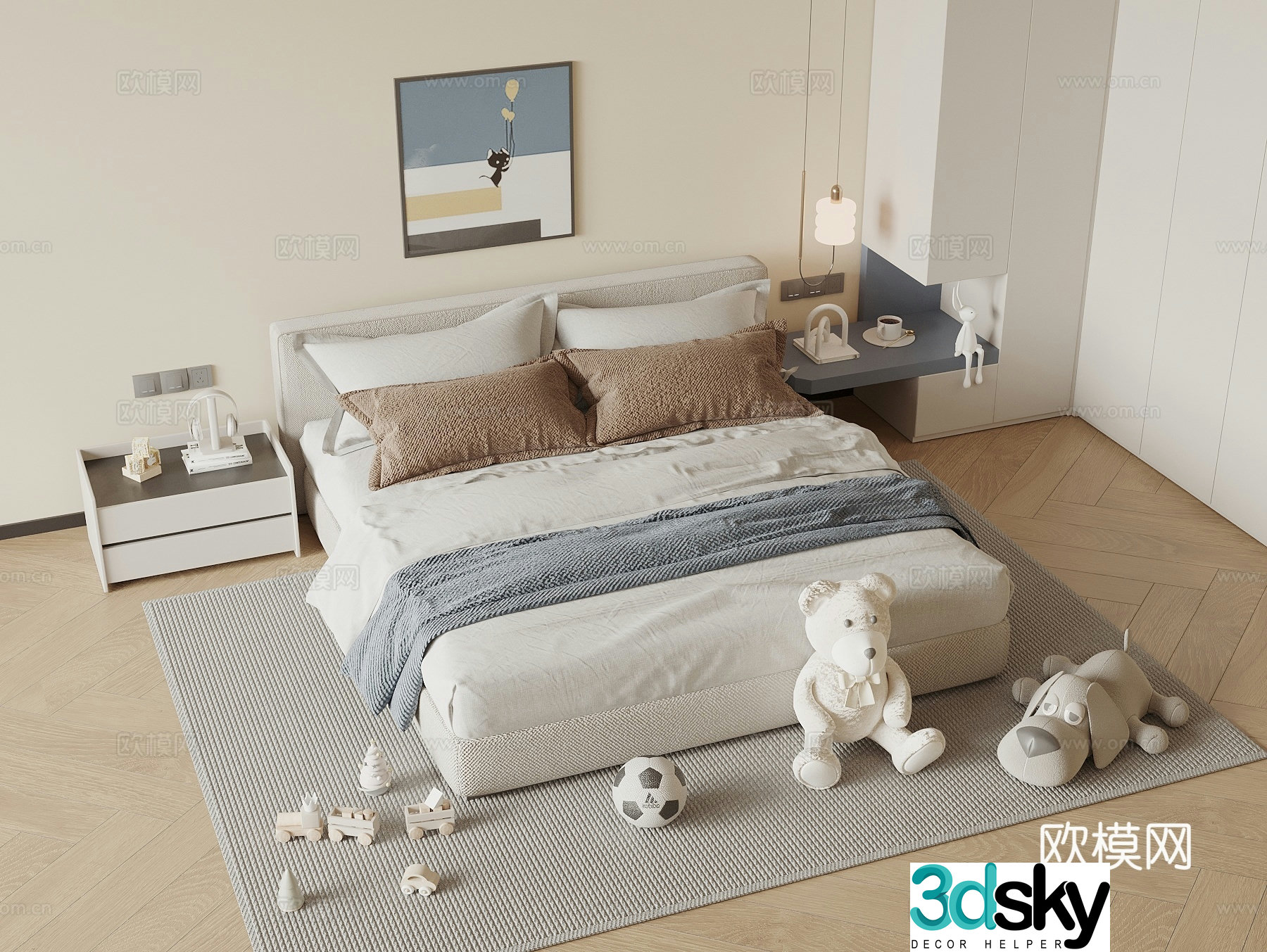 Modern boy room double bed Children room double bed Wardrobe Bedside table Hanging painting 3D model